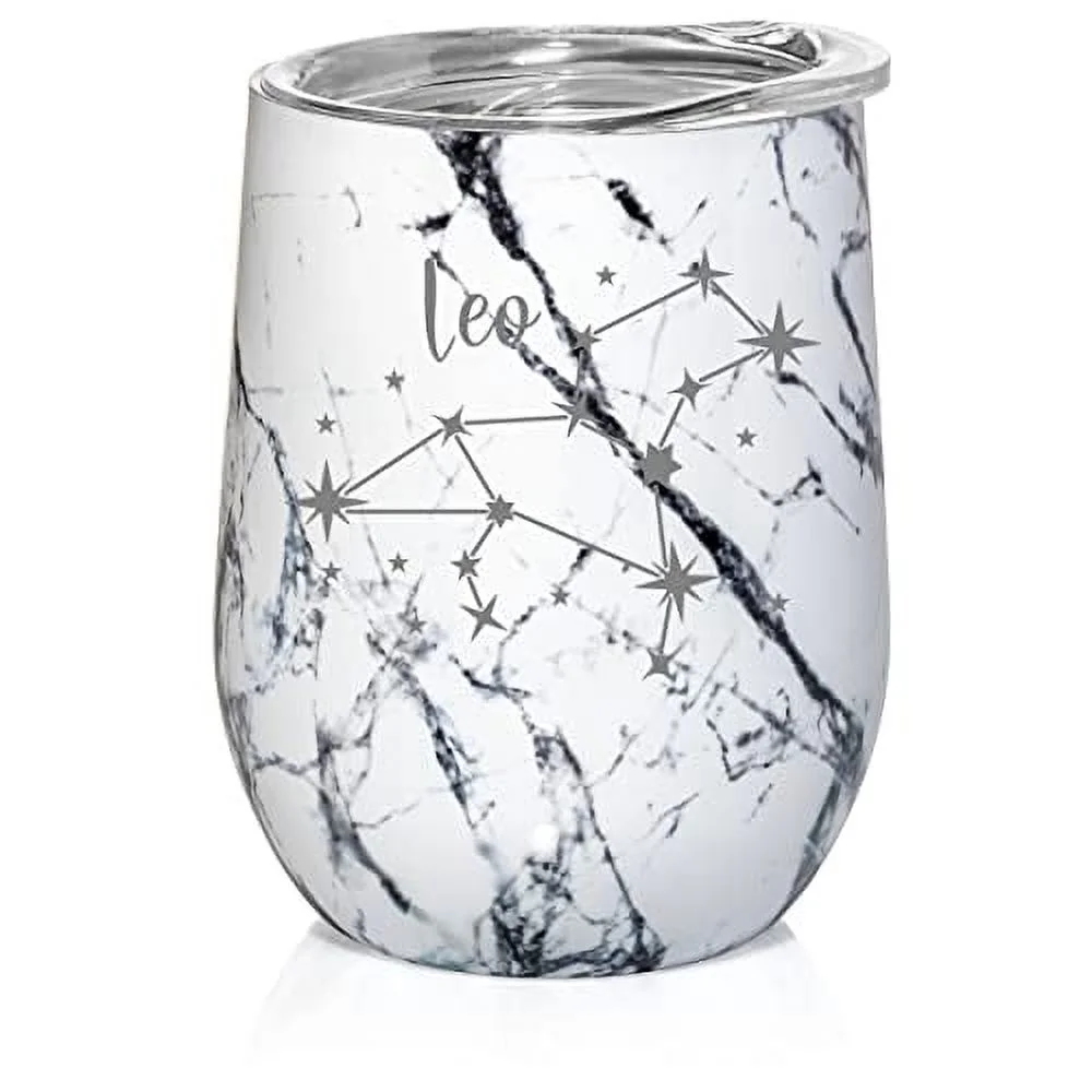 12 oz Double Wall Vacuum Insulated Stainless Steel Stemless Wine Tumbler Glass Coffee Travel Mug With Lid Horoscope Constellation (Black White Marble) (Leo)