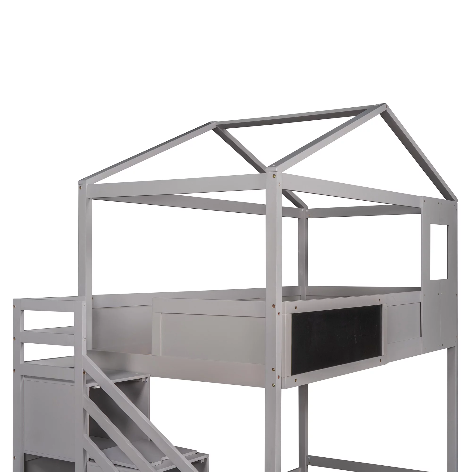 Bellemave Twin Over Full Bunk Bed with Stairs, Kids House Bunk Beds with Roof, Wood Bunk Beds with Storage and Chalkboard for Toddlers Teens Girls Boys, Grey