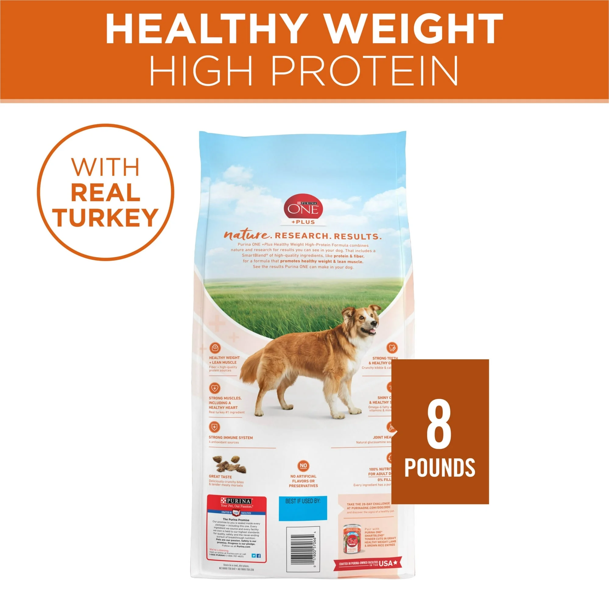(3 Pack) Purina One +Plus Dry Dog Food High Protein Healthy Weight, Real Turkey 8 lb Bag