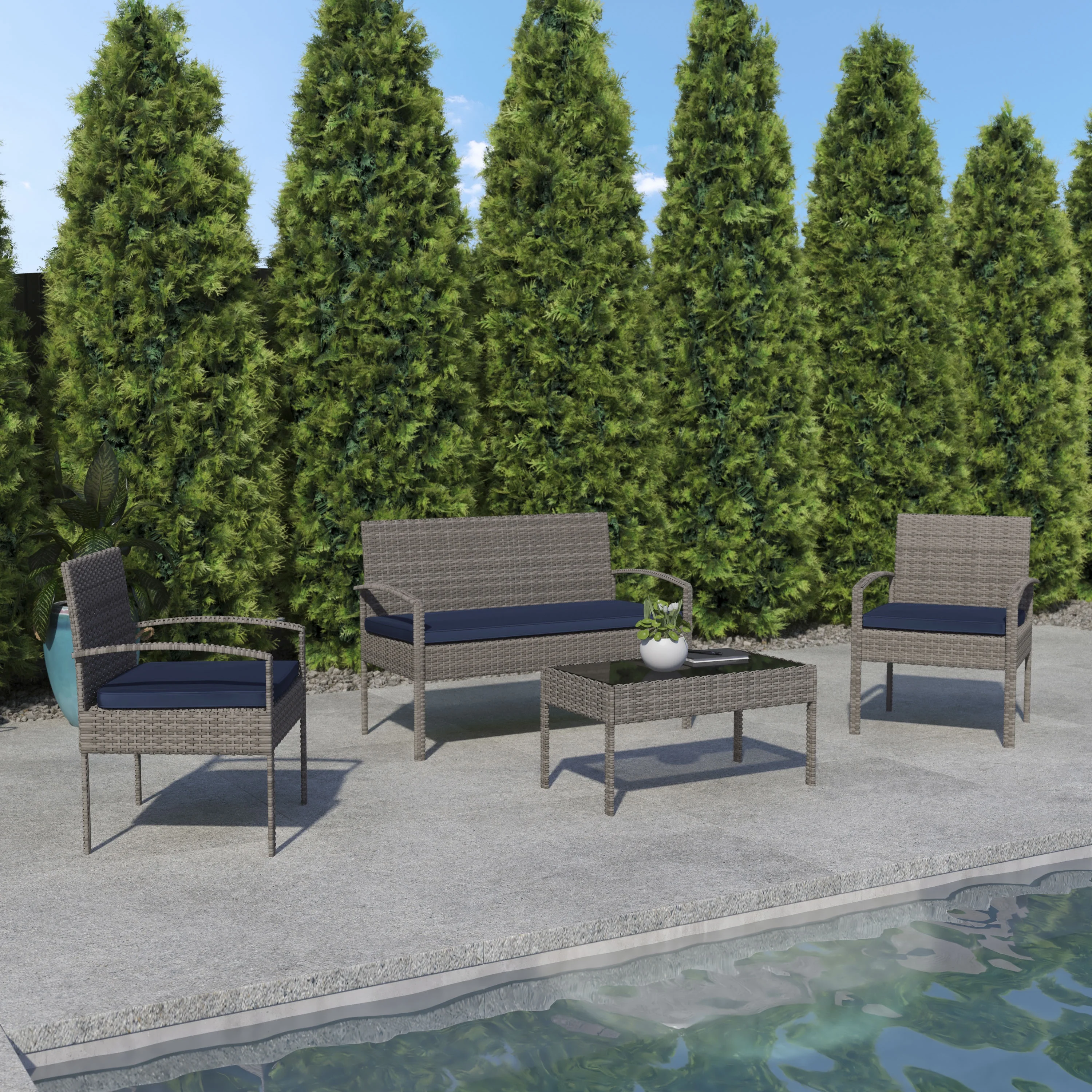 Flash Furniture Aransas Series 4 Piece Gray Patio Set with Steel Frame and Navy Cushions
