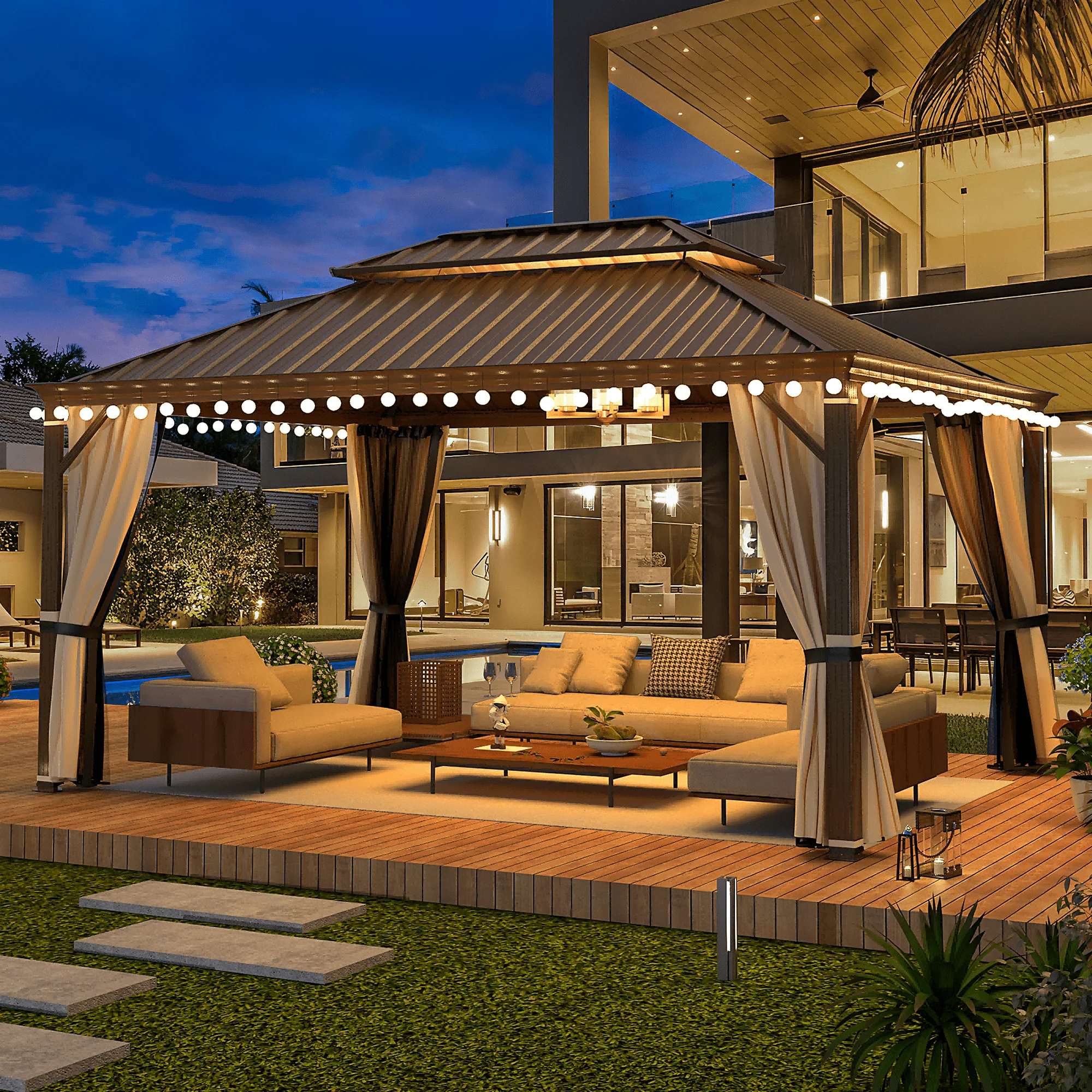 Erinnyees Gazebo 12’x16’W/Steel Double Roof, Galvanized aluminium Frame Waterproof Pavilion, Curtains & Netting Included Hardtop Gazebo for Patio Backyard Garden Lawn Parties, Brown