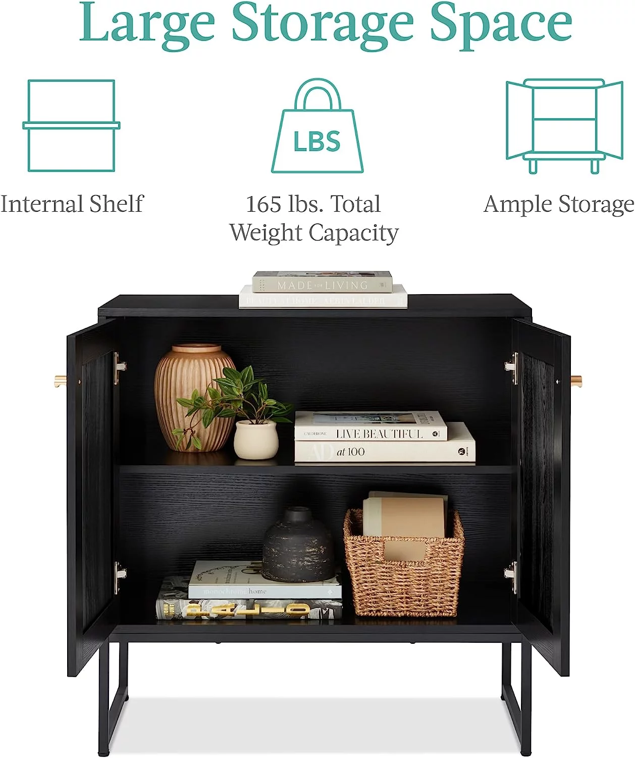 2-Door Rattan Storage Cabinet, Accent Furniture, Multifunctional Cupboard for Living Room, Hallway, Kitchen, Sideboard, Buffet Table w/Non-Scratch Foot Pads - Black