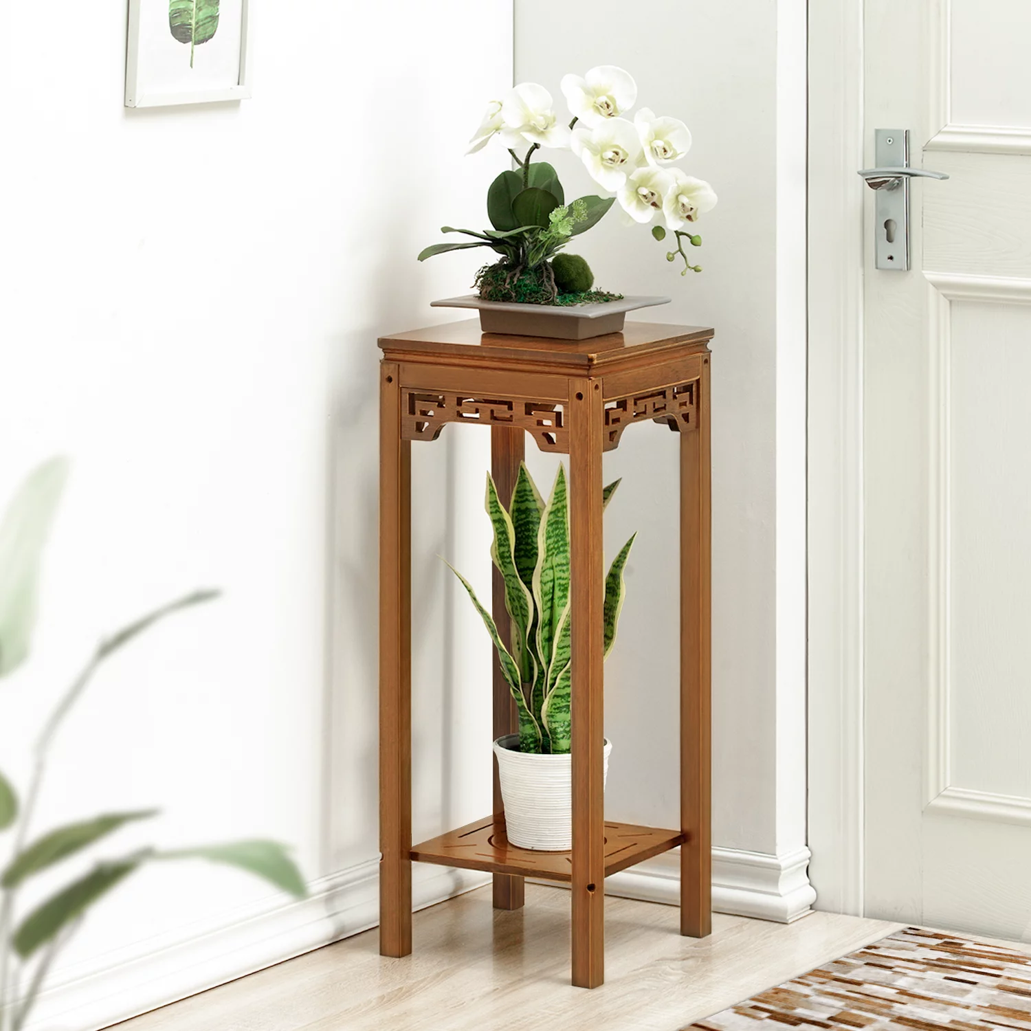 Magshion Bamboo 2 Tiers Square Plant Stand, Vintage Carving Flower Rack, Brown, for Garden