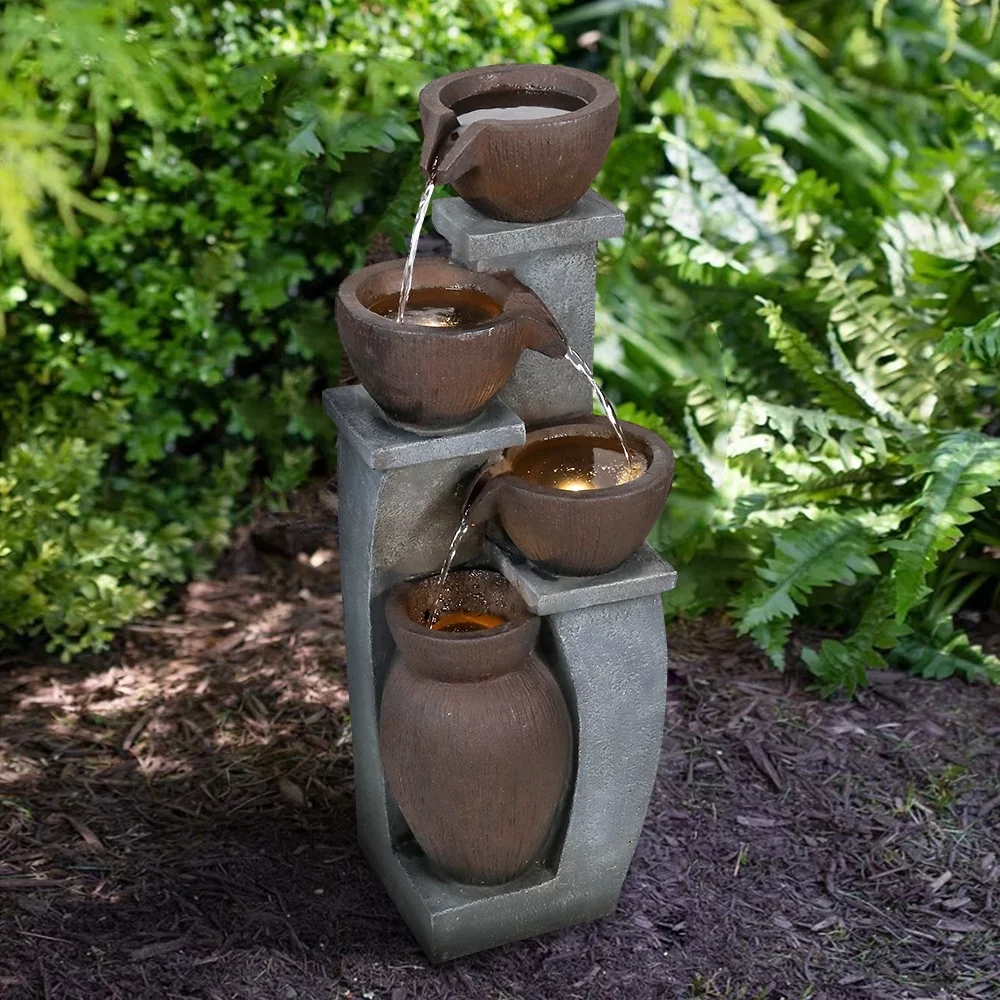 32.8-Inch Floor Standing Waterfall Fountains with LED Lights - Indoor/Outdoor Water Feature for Home, Garden, Patio and Deck Decor