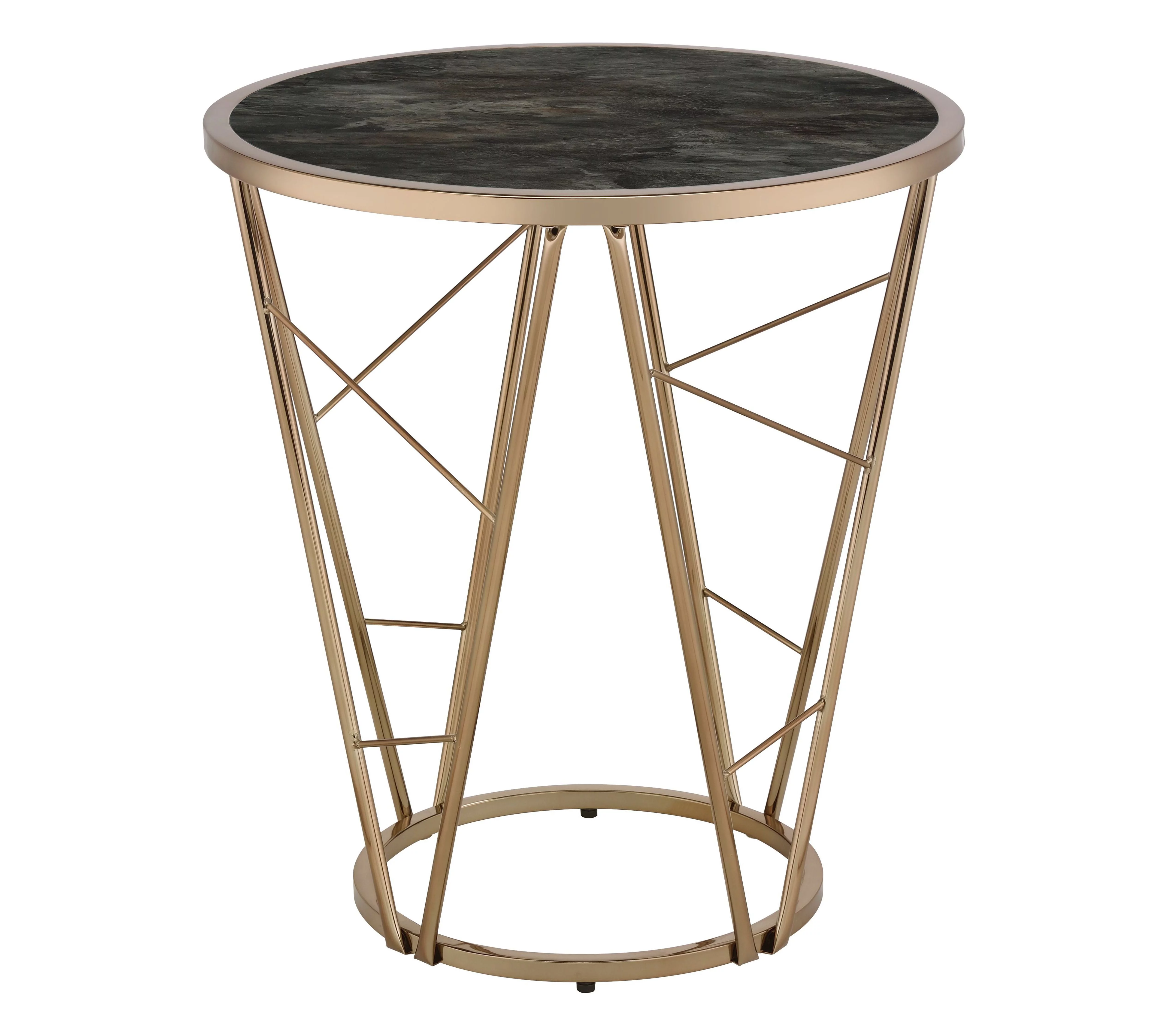 ACME Cicatrix End Table, Faux Black Marble Glass & Champagne Finish 83302