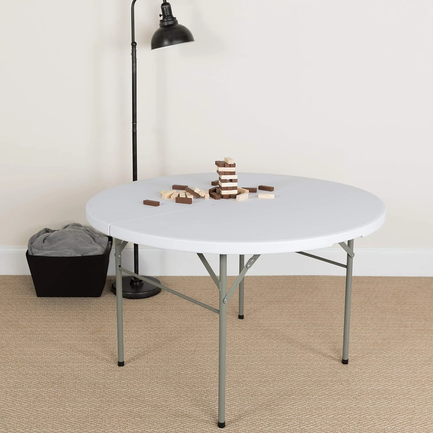 4-Foot Round Bi-Fold Granite White Plastic Event Folding Table with Handle