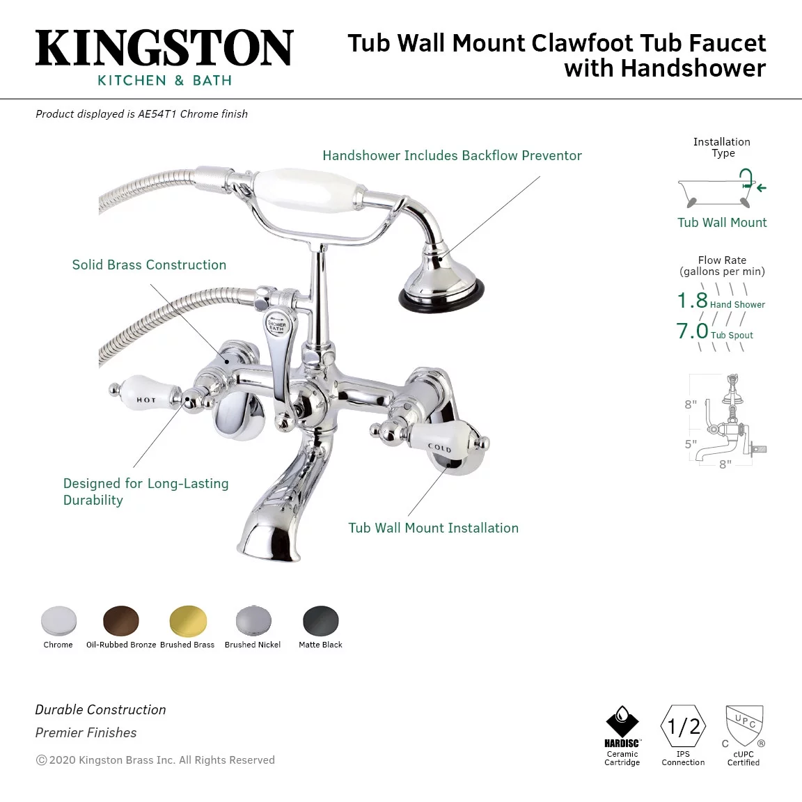 Kingston Brass Ae54t Aqua Vintage Wall Mounted Clawfoot Tub Filler - Chrome