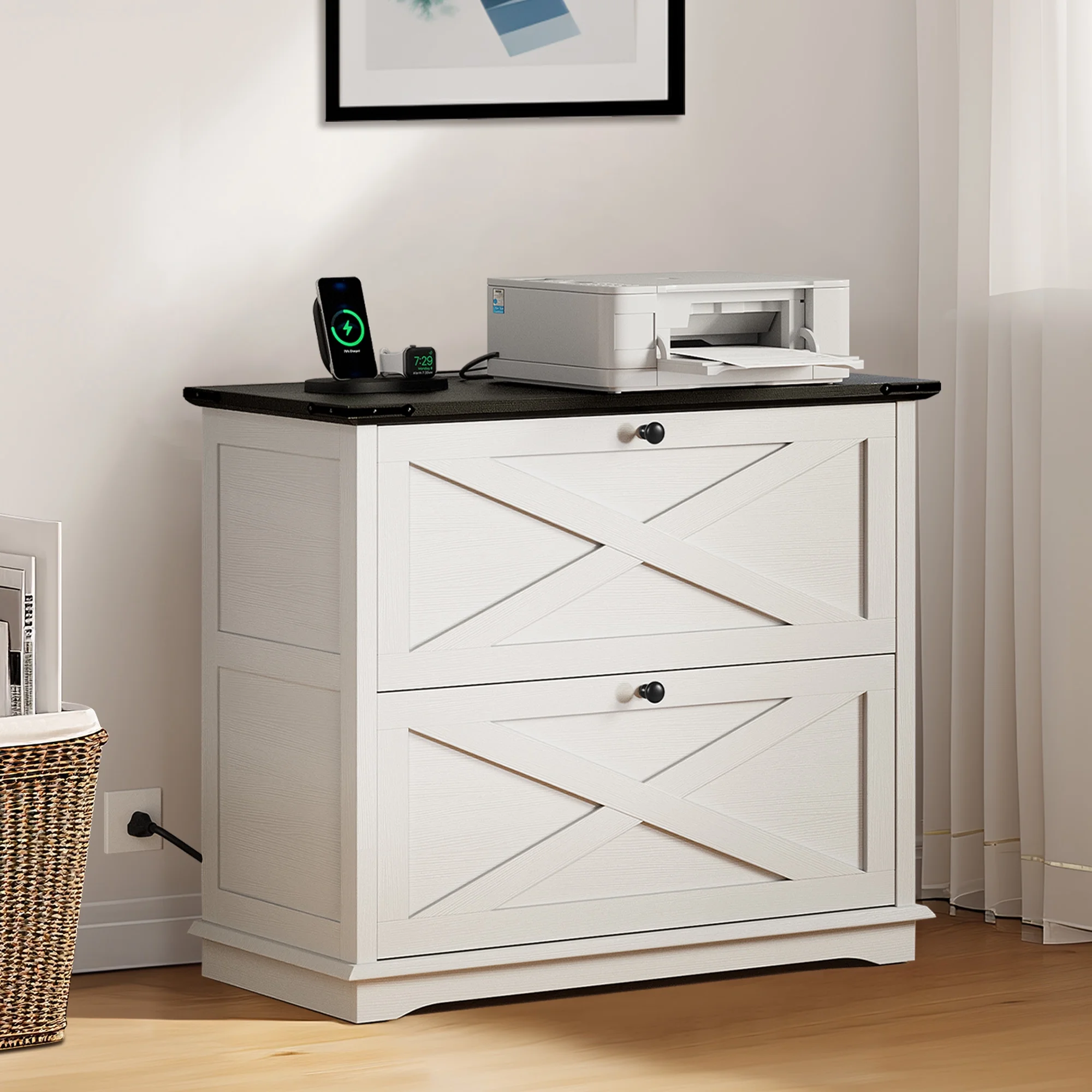 DWVO Farmhouse Wood File Cabinet with Charging Station, 2 Drawer Filing Cabinet for Legal Letter A4 F4 Size for Home Office, White