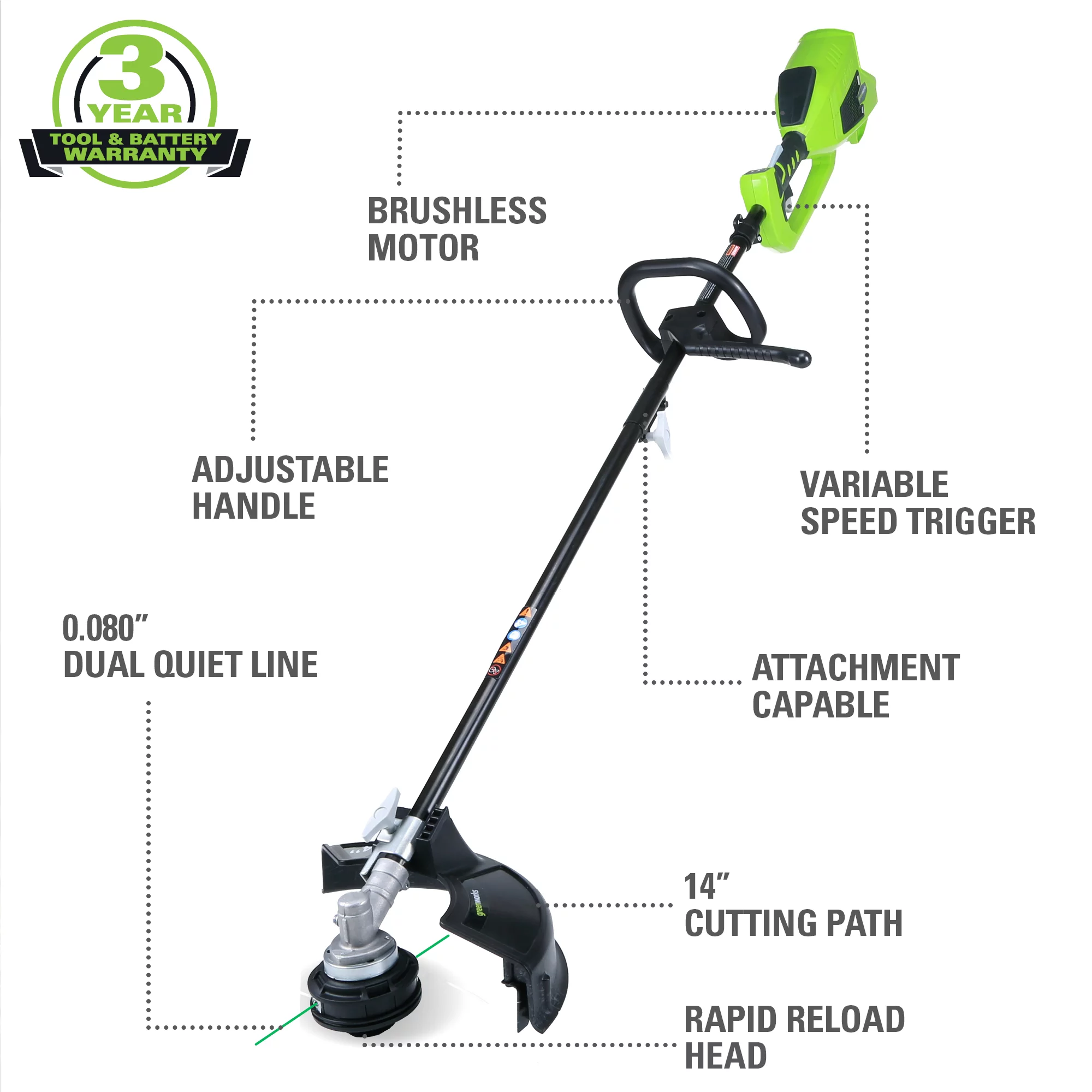 Greenworks 40 Volt 14 inch Attachment Capable String Trimmer with 2.0 Ah Battery and Charger, 2100702