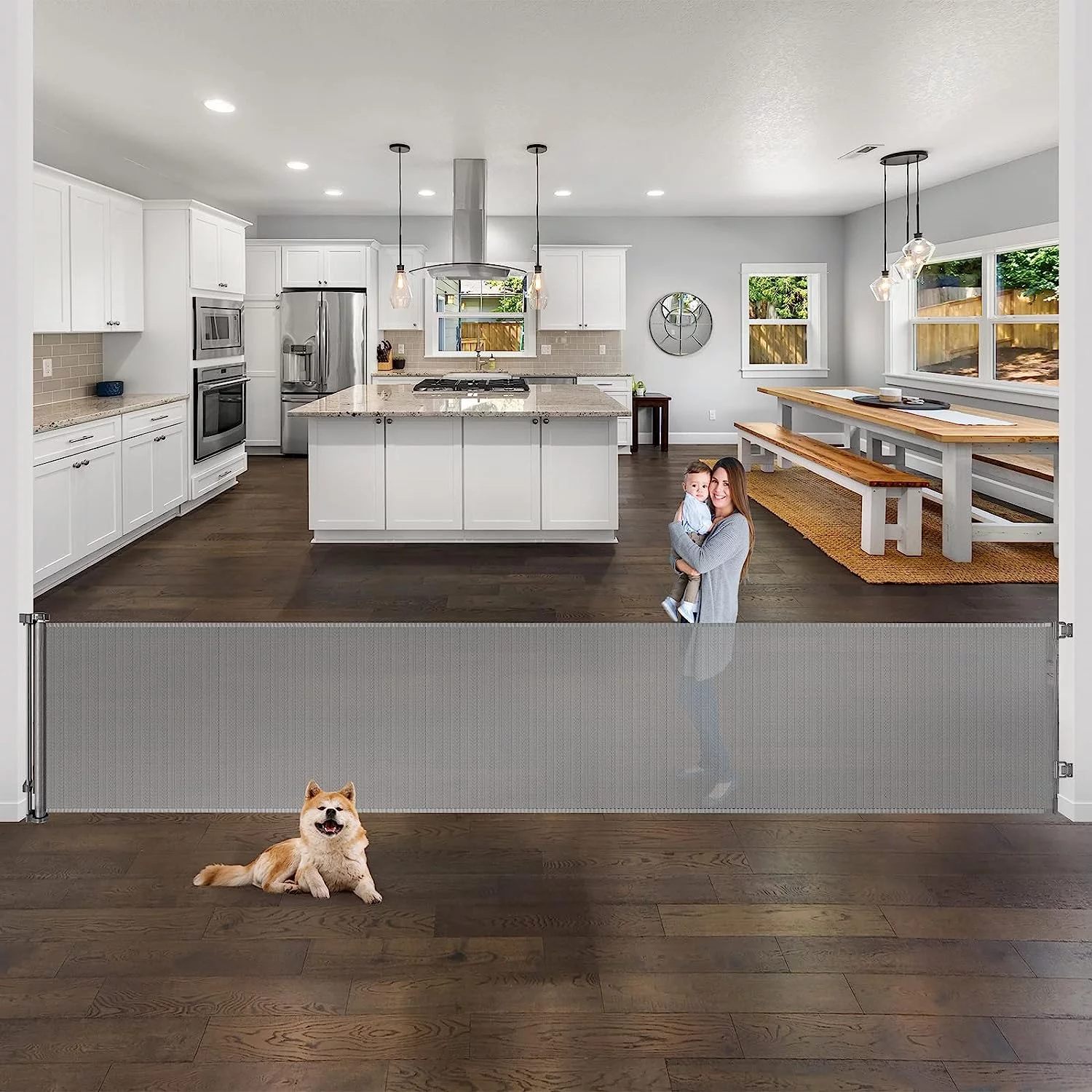 Reendo Retractable Baby Gate 71'' Wide Mesh Baby Gate or Mesh Dog Gate Child Safety Gate for Doorways, Stairs, Hallways, Indoor/Outdoor Gray