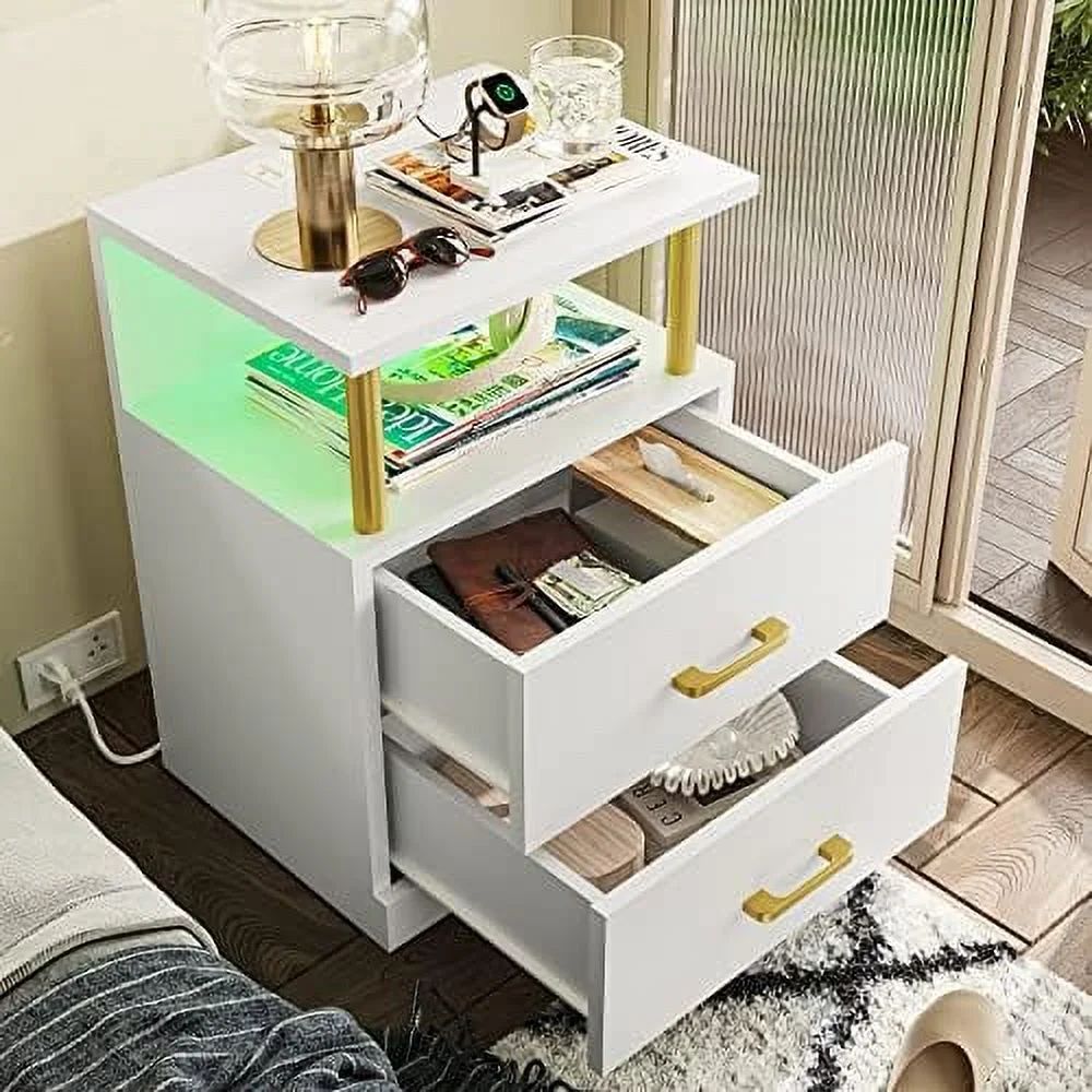 GVJMTKP LED Night Stand with Charging Station and USB Ports  White Night Stand with 2 Drawers  Modern End Side Tables with Open   Bedside Tables for Bedroom  Office