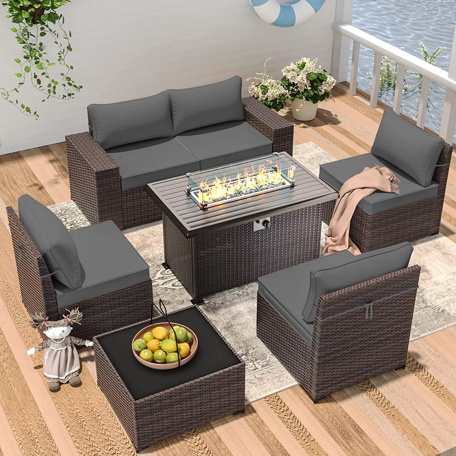 ALAULM Outdoor Patio Furniture Set with Propane Fire Pit Table, 7 Pieces Outdoor Furniture Patio Sectional Sofa Conversation Sets w/ETL Approved 43