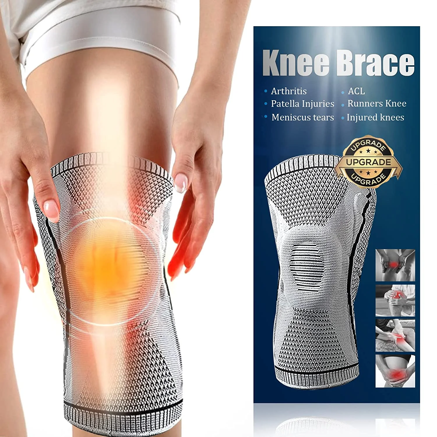 Powerful Knee Brace, Improved Knee Compression Sleeve Support for relieve joint pain and arthritis,running,improve circulation,exercise, fitness Knee Sleeve ,men & women (Grey, L)