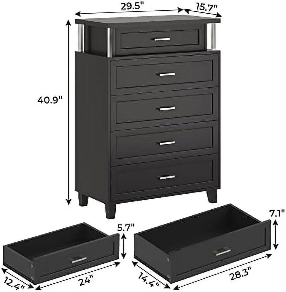 MQLIFEBOOM Black Dresser for Bedroom with Led Light  5 Drawer Dresser with Column Design  Dressers & Chests of Drawers   Wood Closet Tall Dresser for Bedroom