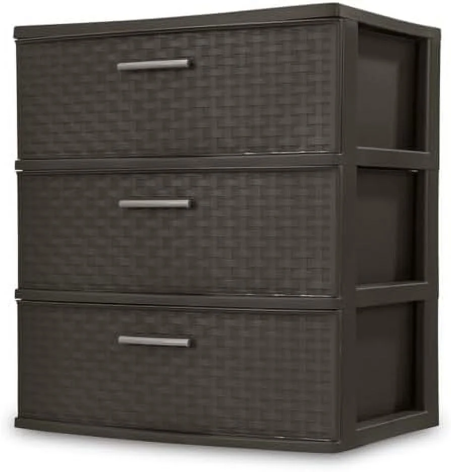 CHNBVC 3 Drawer Wide Plastic Weave Tower with Pull Handles Decorative  Drawers for Bedroom  Closet  Office  Cement  1-Pack