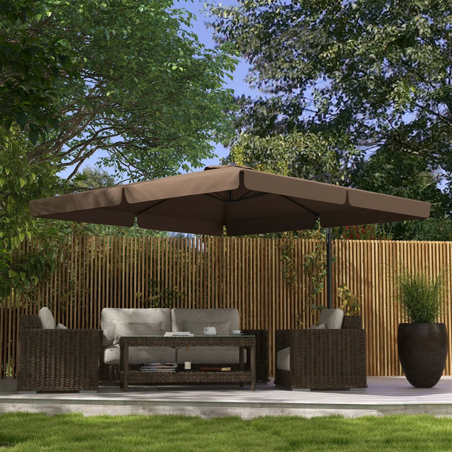 YLtoohoom 10‘ Cantilever Patio Umbrella  Square Offset Umbrella with Tilt  Crank  Cross Base  Aluminum Pole and Air Vent  Hanging Umbrella for Garden  Pool  Backyard  Tan