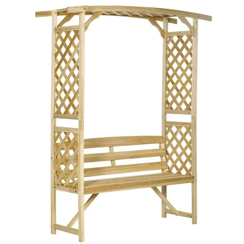Buumin Outsunny Patio Garden Bench Arbor Arch with Pergola and 2 Trellises, 3 Seat Natural Wooden Outdoor Bench for Grape Vines & Climbing Plants, Backyard Decor, Natural