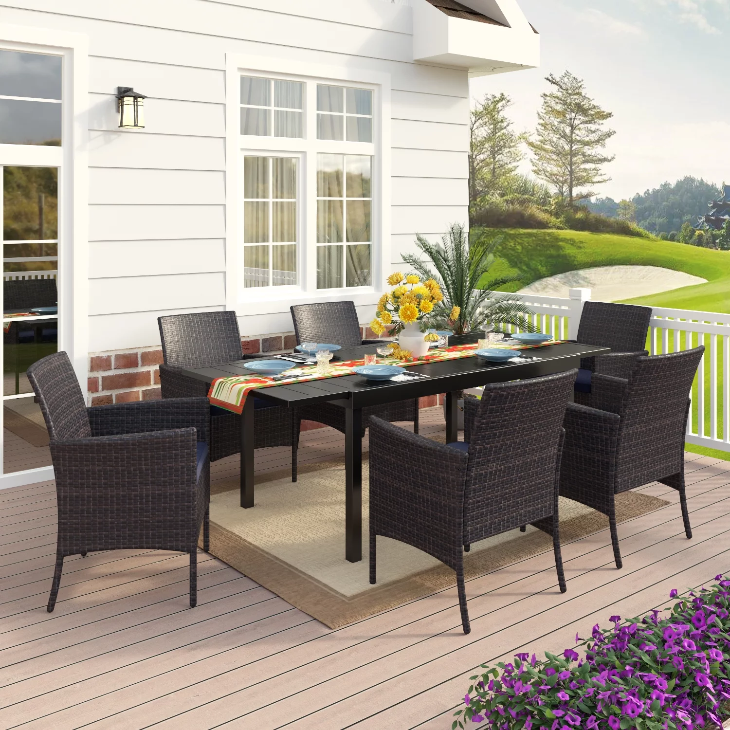 MF Studio 7 Piece Outdoor Patio Dining Set with 6 Rattan Dining Chairs and 1PC Expandable Dining Table, Black