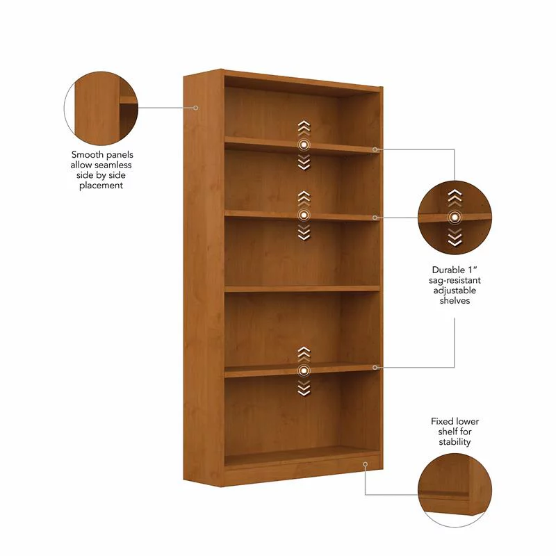 Pemberly Row Tall 5 Shelf Bookcase in Natural Cherry - Engineered Wood