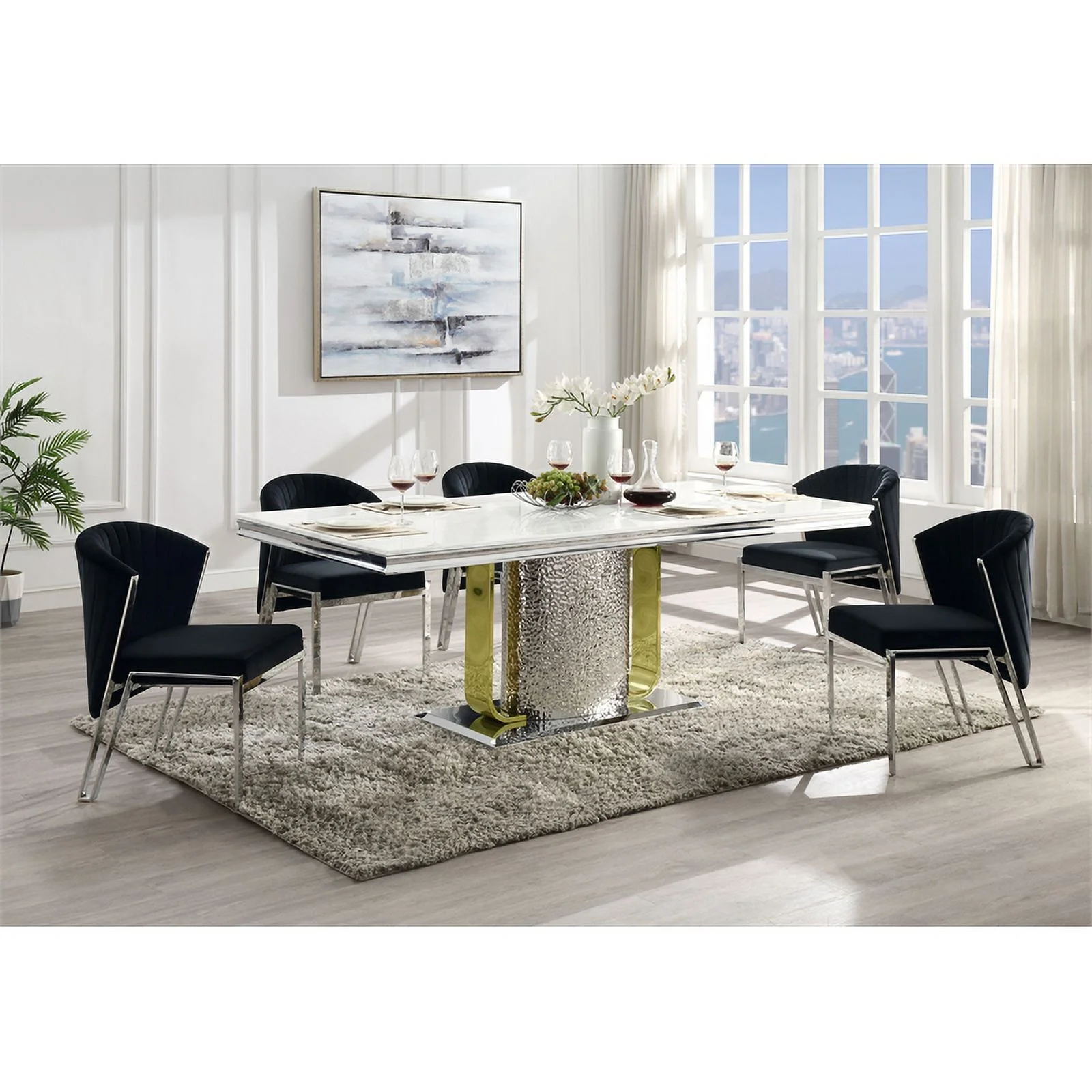 Pemberly Row Rectangular Stainless Steel Dining Table in Silver/Gold