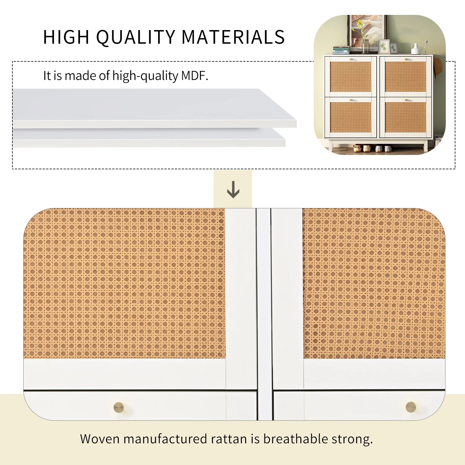 Rattan Boho Style Shoe Cabinet with 4 Flip Drawers, Modern 2-Tier Shoe Storage Organizer with Large Space, Free Standing Shoe Rack for Entrance Hallway, White