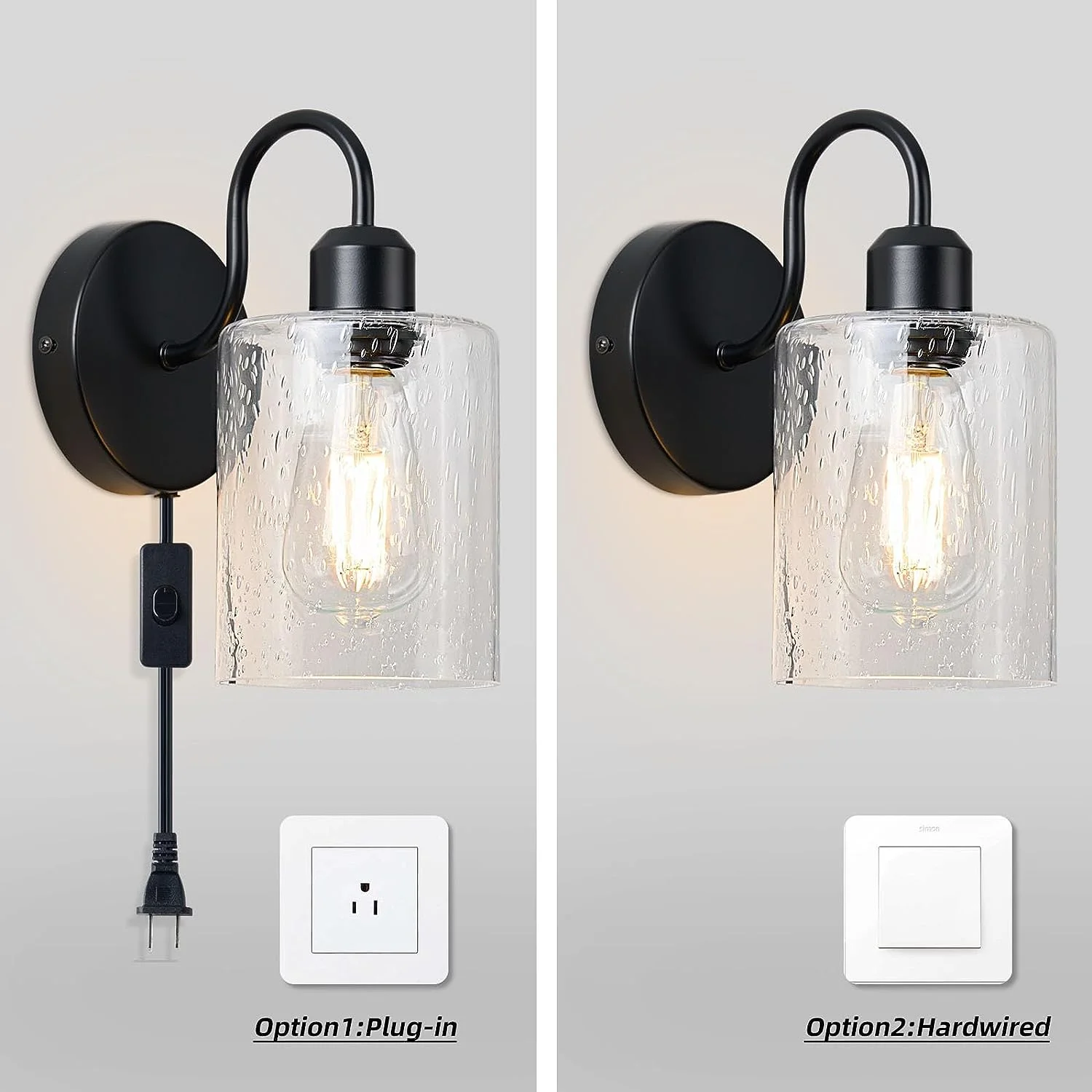 Plug in Wall Sconces Set of Two, Black Vanity Lights for Bathroom, Metal Modern Wall Lighting Fixtures with Seeded Glass Shade, Farmhouse Wall Lamp for Home Decor Bedroom Mirror Hallway