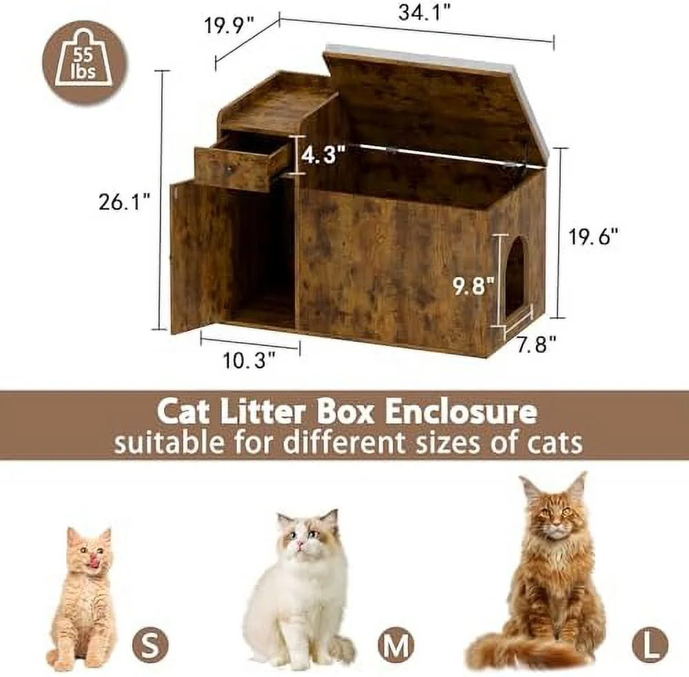 Cat Litter Box Enclosure  34” Litter Box Enclosure with Top Opening with Removable Cushion  Wooden Cat Washroom Hidden Litter Box Furniture House