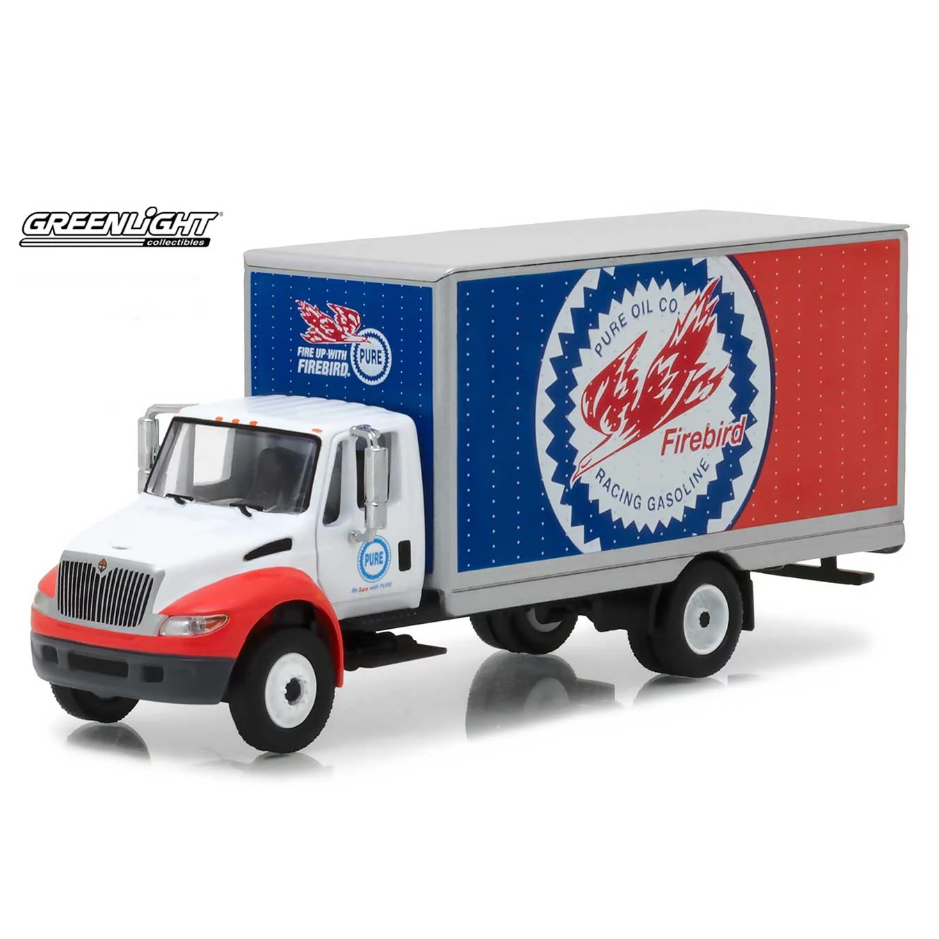 Greenlight H.D. Trucks: 2013 International Durastar Box Van Pure Oil Co. Firebird Racing Gasoline 1/64 Scale