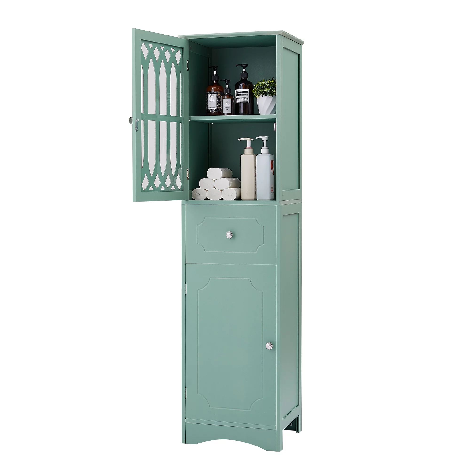 Modern Design Acrylic Door Adjustable Shelf Green Tall Bathroom Storage Cabinet