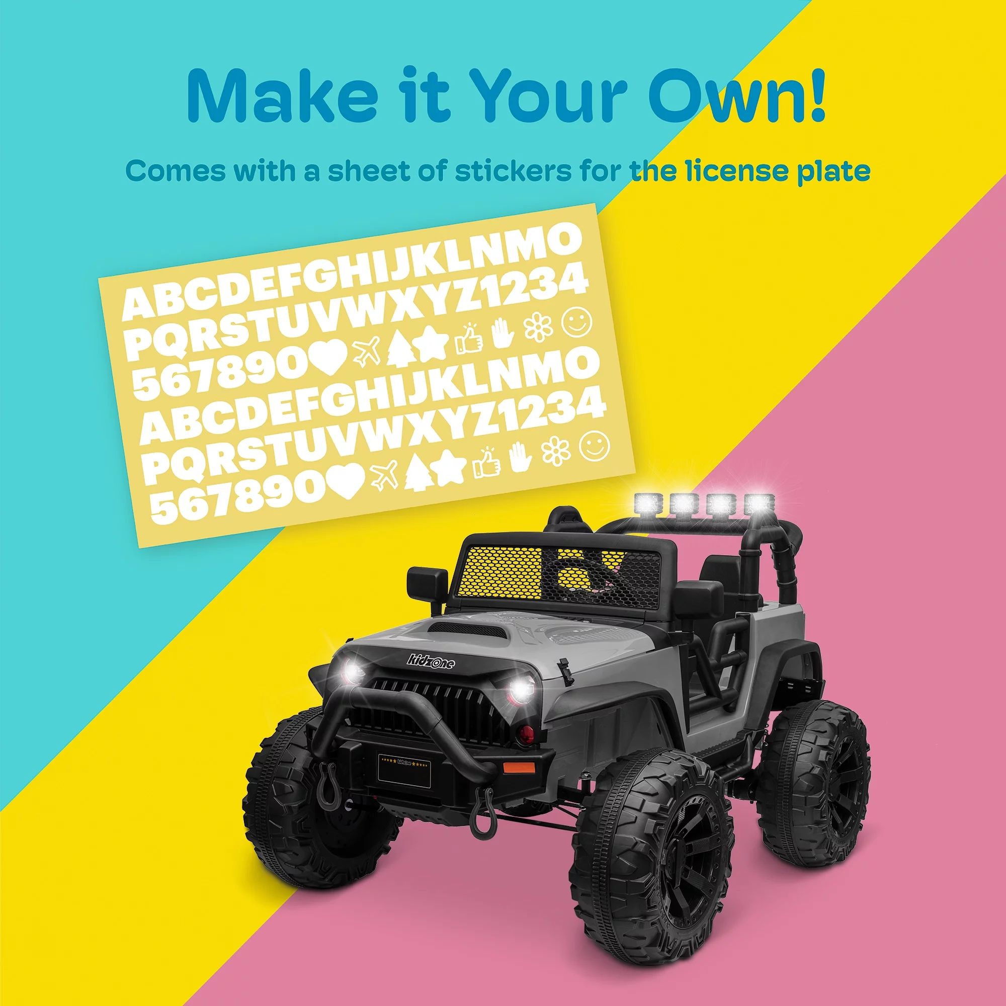 Kidzone Kids 12V 9AH Battery Powered Extra Wide Seat Ride On Truck with DIY License Plate, Off Road Big Wheels, Front Bumper, LED light, Remote Control, Bluetooth Music, 2 Speeds - Gray