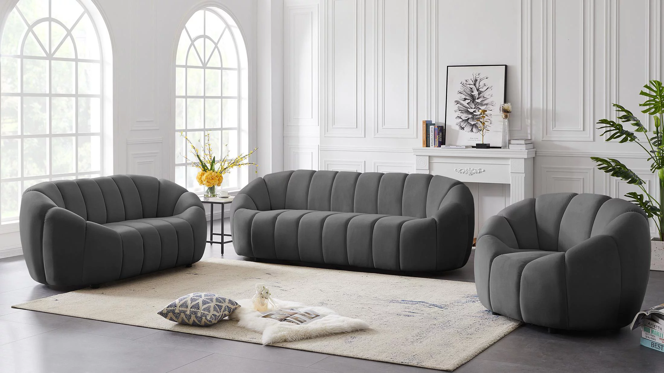 Glam GREY Velvet Channel Tufted Chair ELIJAH 613Grey-C Meridian Modern