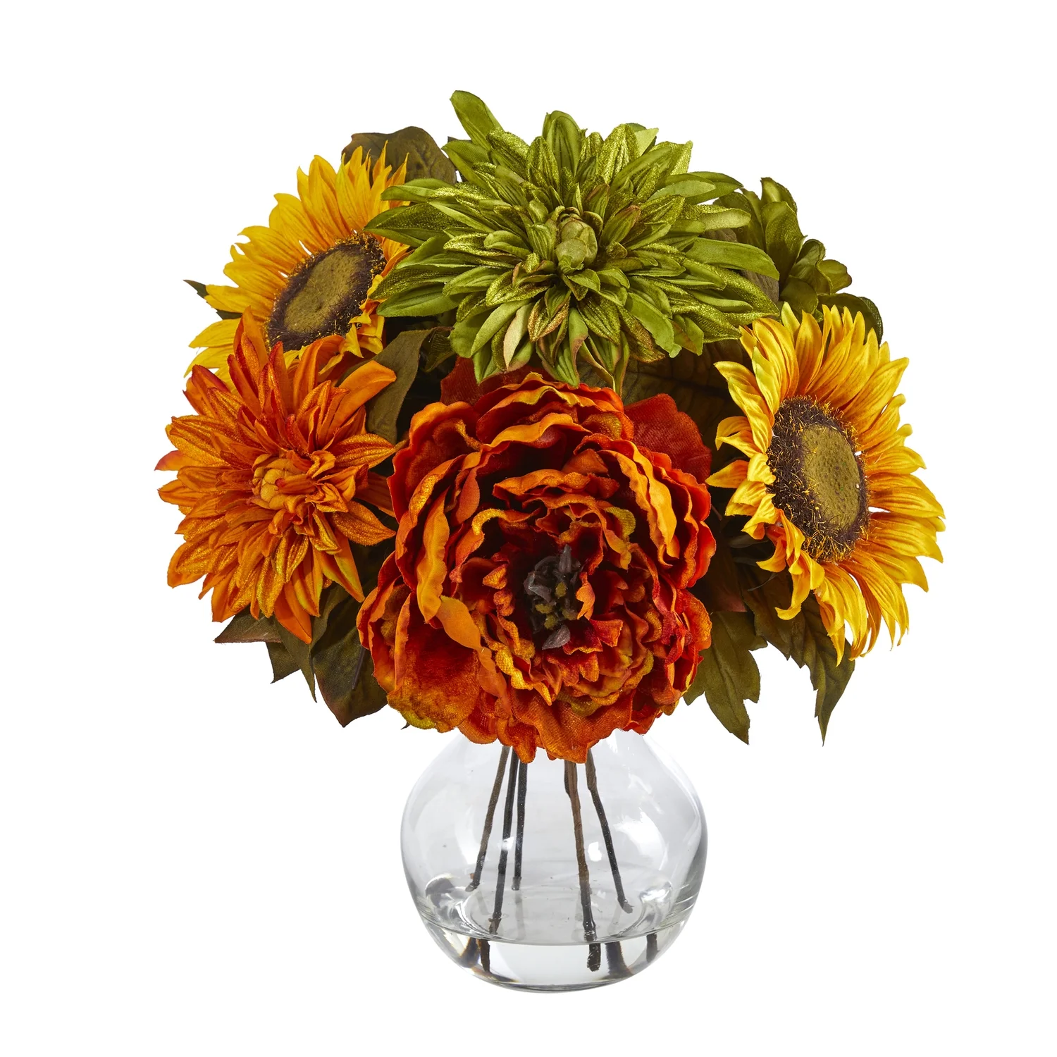 HomeStock Eclectic Elegance 12In. Peony, Dahlia And Sunflower Artificial Arrangement In Glass Vase