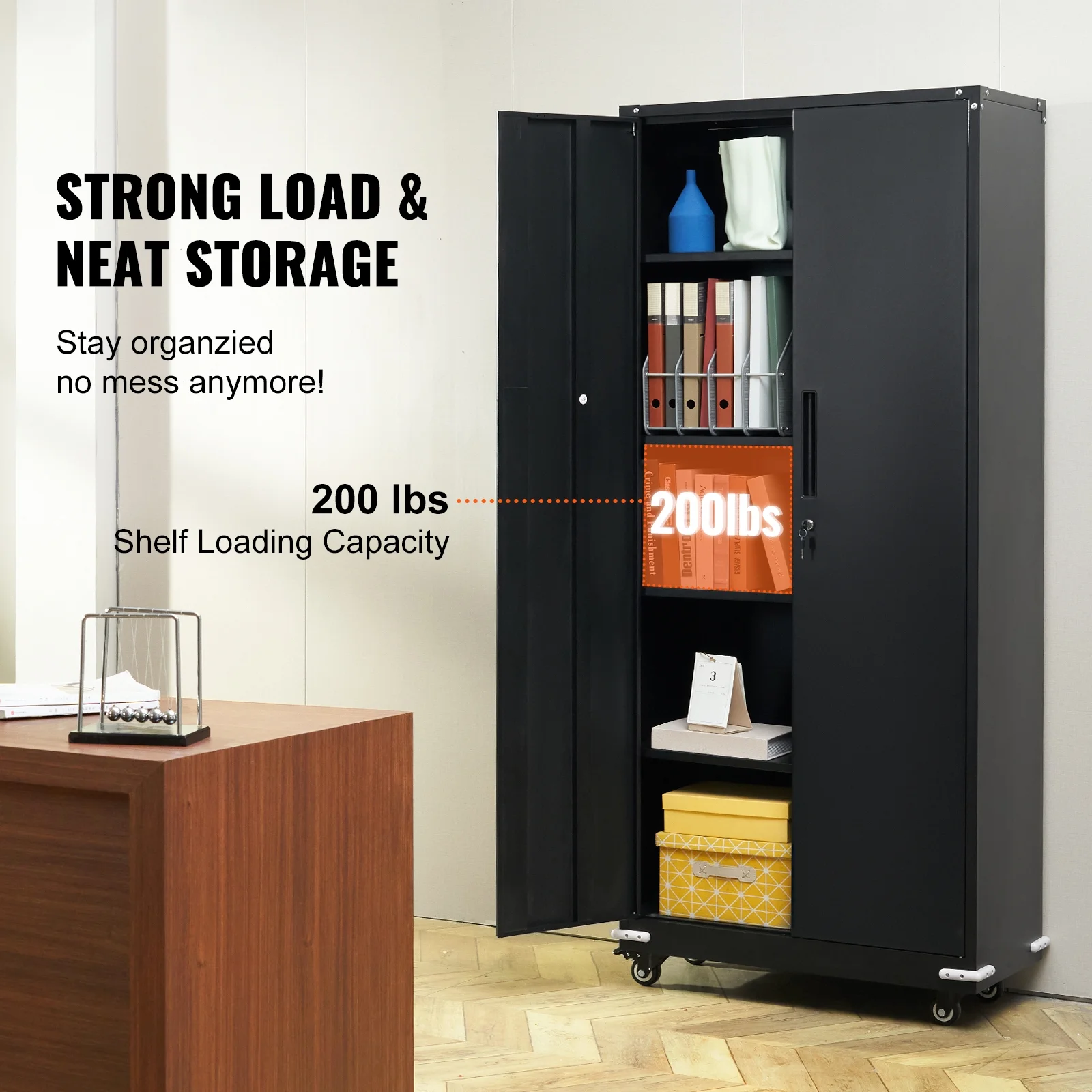 The SKYSHALO Metal Storage Cabinet is a rolling garage storage cabinet with 4 adjustable shelves.