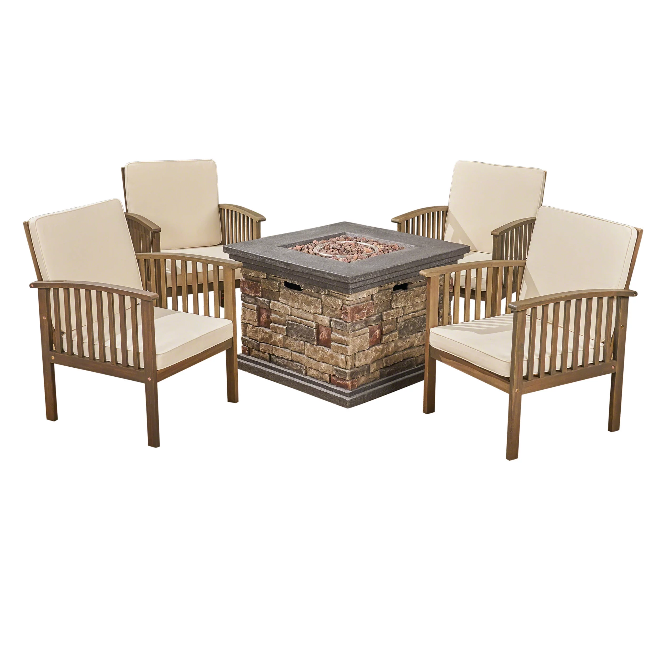GDF Studio Callade Outdoor Acacia Wood 5 Piece Club Chair and Fire Pit Set with Cushions, Gray, Cream, and Stone Finish