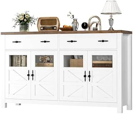 TJUNBOLIFE Buffet Cabinet with   55.1" Large Sideboard Buffet Cabinet  Farmhouse Sideboard Kitchen Cabinet with 2 Drawers and 4 Doors  Wood Coffee  Cabinet Buffet Table  White & B