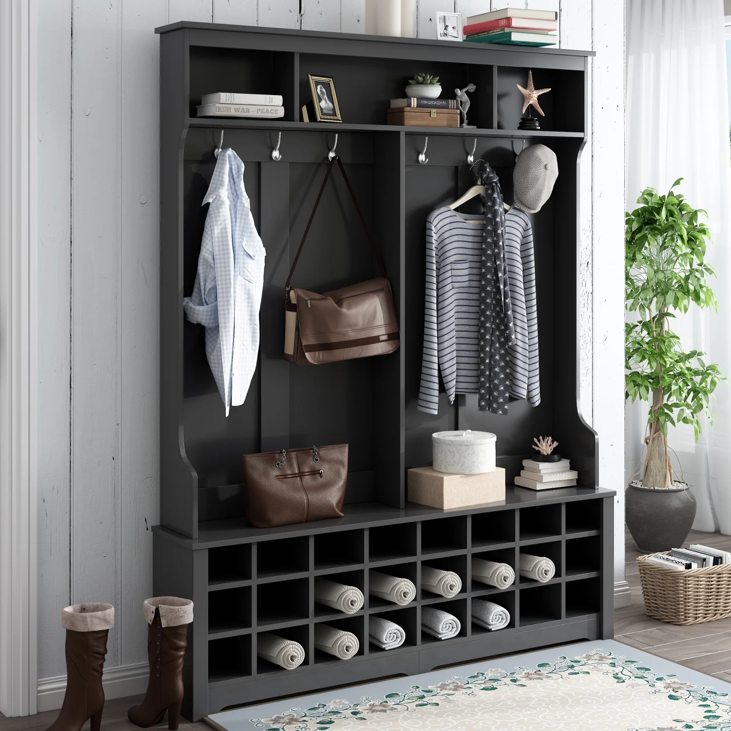 ON-TREND Modern Style Multiple Functions Hallway Coat Rack with Metal Hooks  Entryway Bench 60” Wide Hall Tree with Ample Storage Space and 24 Shoe Cubbies   Black (OLD SKU  WF286983AAB )