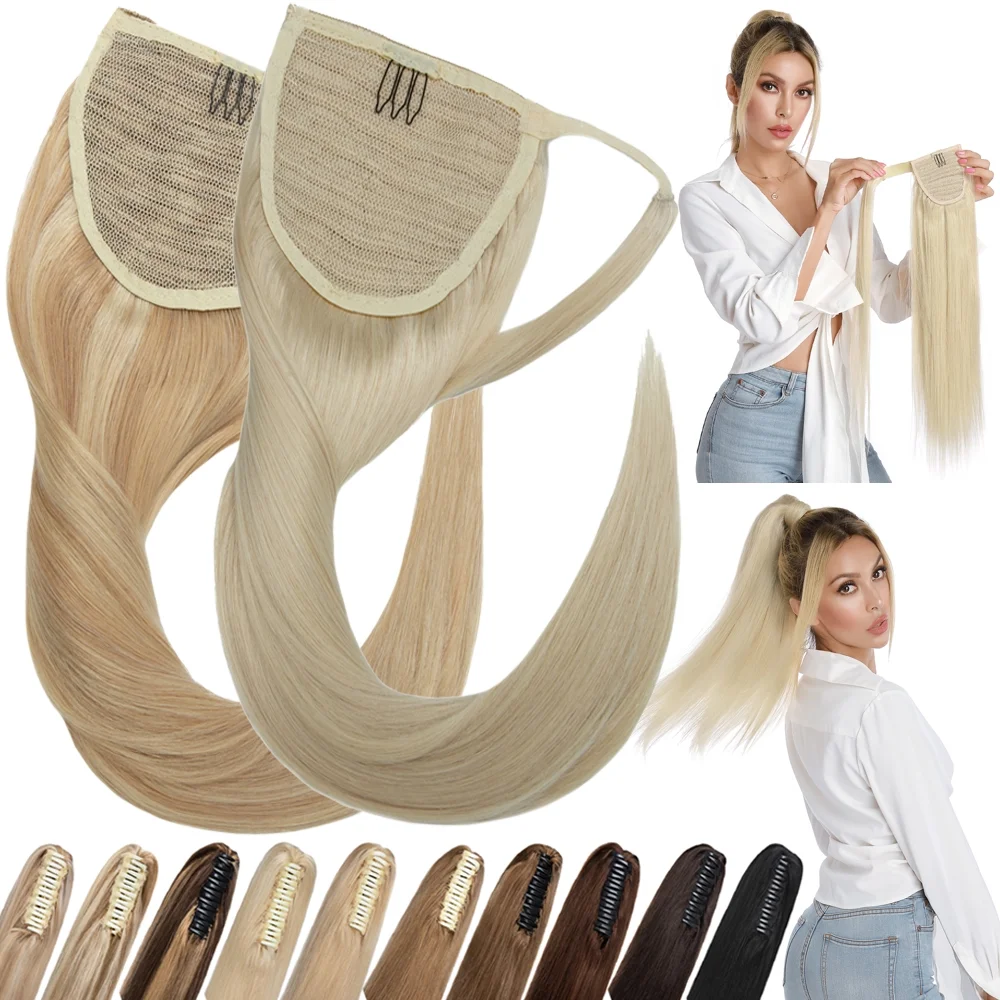 Benehair Clip in Ponytail Hair Extensions Human Hair Ponytail Wrap Around Remy Hair One Piece Silky Straight Human Hair Extensions 22inch #01 Jet Black 95g/pack