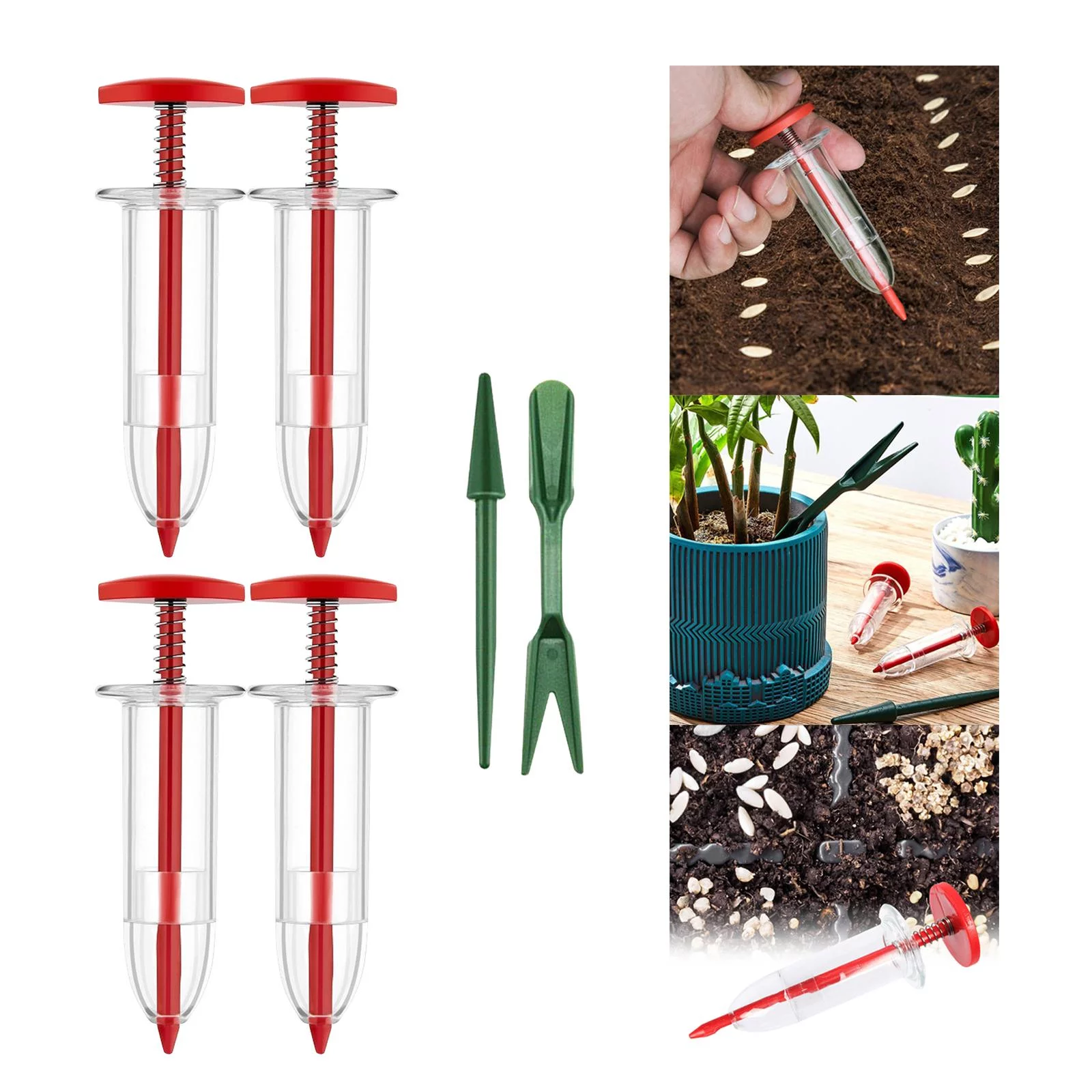 Manual Seeder Dispenser, Garden Seedling Tool, Garden Planter Starter, Garden Seeder with Transplanting Tools Red