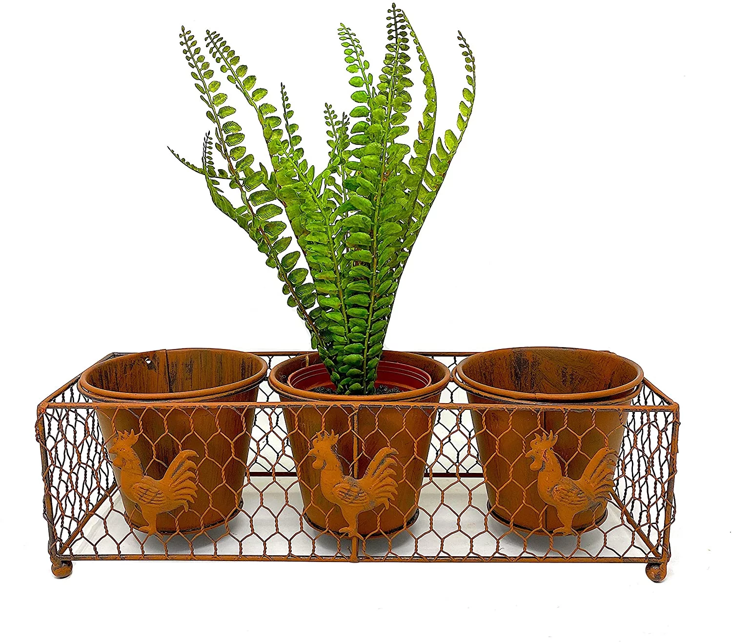 Rooster Planter Rustic Brown Decor 3 Metal Pots In Wire Basket Farmhouse Barnyard Inspired Indoor Outdoor 14