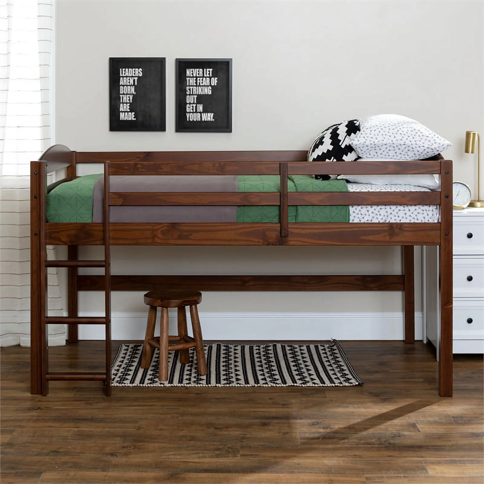 Solid Brown Wood Low Twin Loft Bed - Walnut