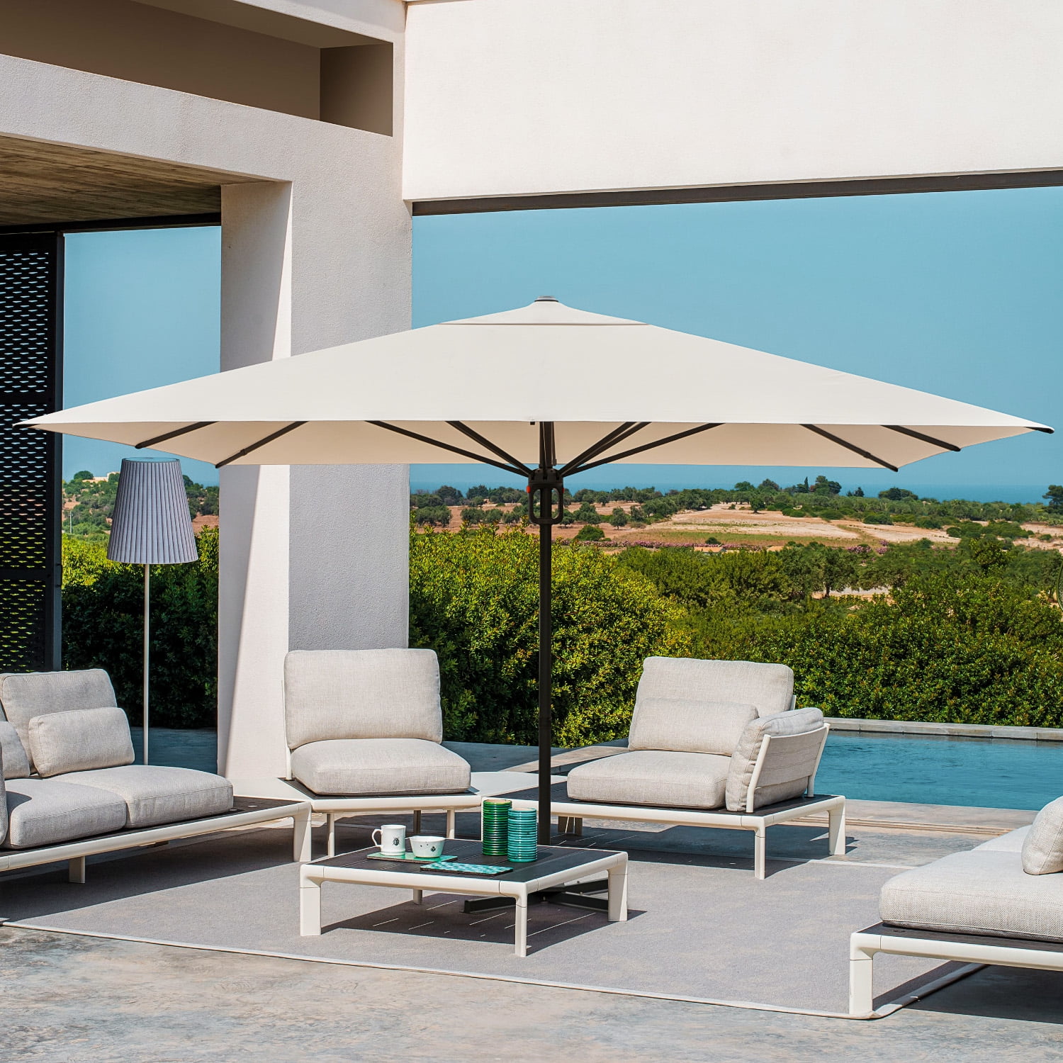 Hommow 13' x 13' Square Steel Patio Umbrella with Button Click, Outdoor Umbrella for Garden and Parties, Beige