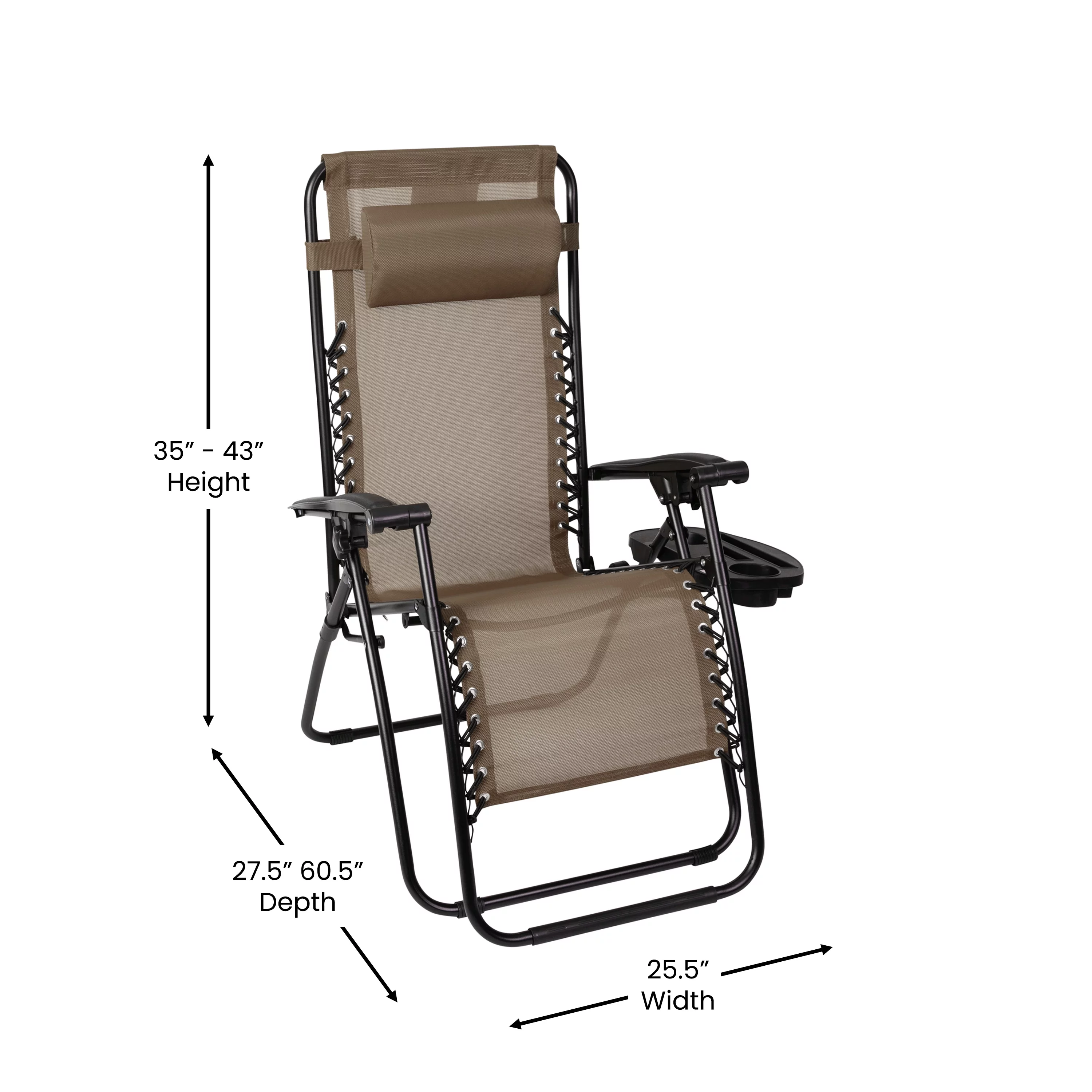 Emma + Oliver Adjustable Folding Mesh Zero Gravity Chair with Pillow and Cup Holder Tray in Brown
