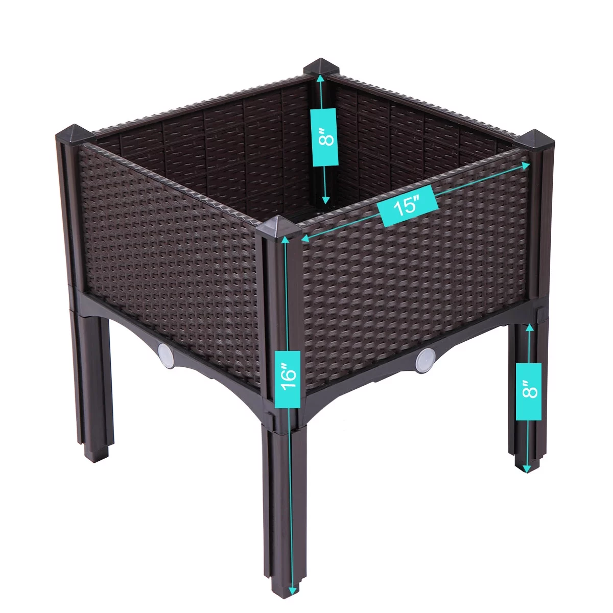 Modern Rattan-Style Plastic Raised Garden Bed Planter Kit for Flower Vegetable Grow Indoor Outdoor,Set of 4 with 16 Legs, Dark Coffee