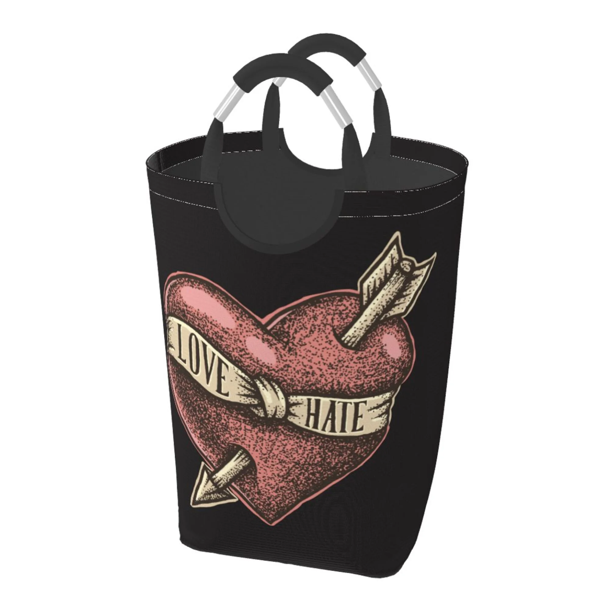 TEQUAN 50L Large Rectangular Laundry Hamper with Aluminum Handles, Love Heart with Arrow Prints Waterproof Foldable Dirty Clothes Basket