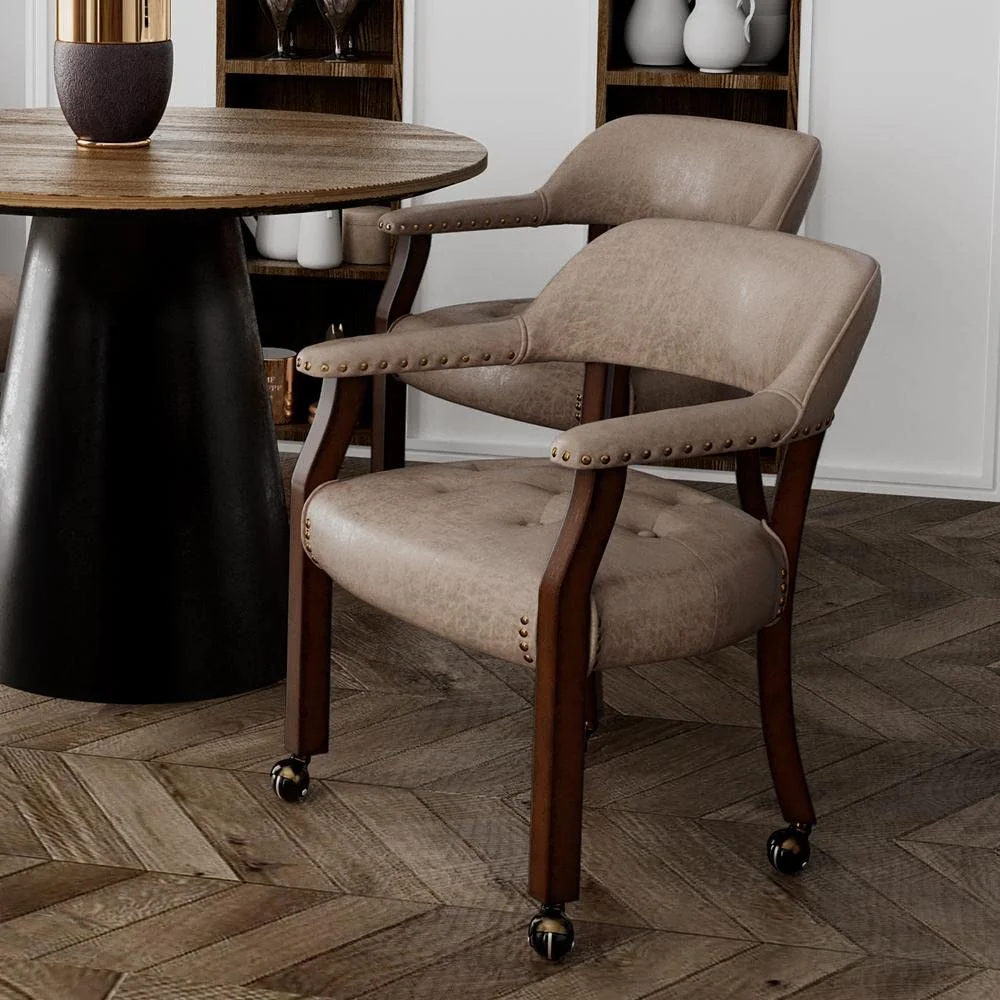 JESONVID Dining Chair with Casters Set of 2, Captain's Chair with Caster Dining Room Chairs with Rollers Curving Backrest Dinette Sets Poker Chair with Wheels Kitchen Table Rolling Chairs,Light Wheat