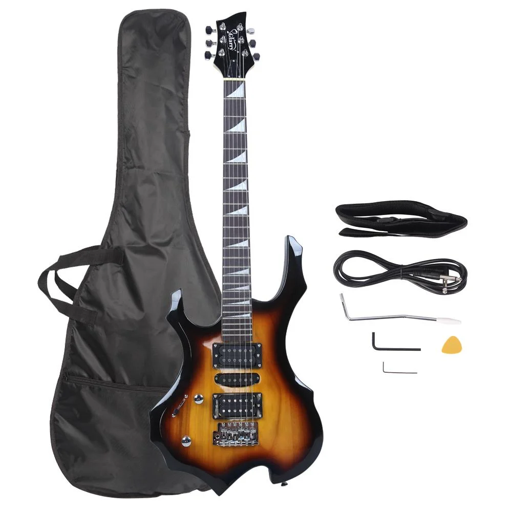 Glarry Flame Left Hand HSH Pickup Shaped Electric Guitar Pack with Strap, Picks, Shake Cable, Wrench Tool, Sunset Color