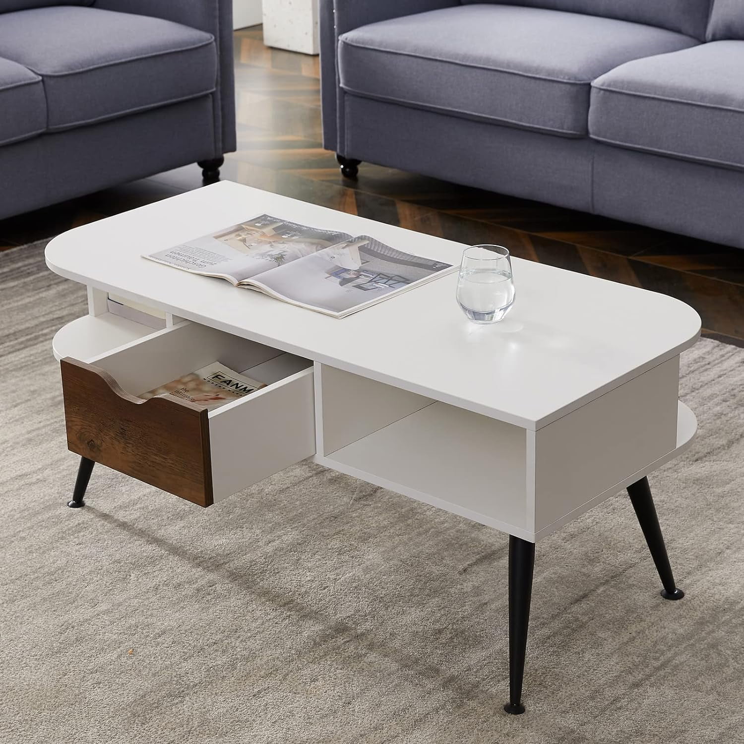 Wooden Coffee Table With Drawers And Open Storage Modern White Wood Center Coffee Tables For Living Room With Round Corners