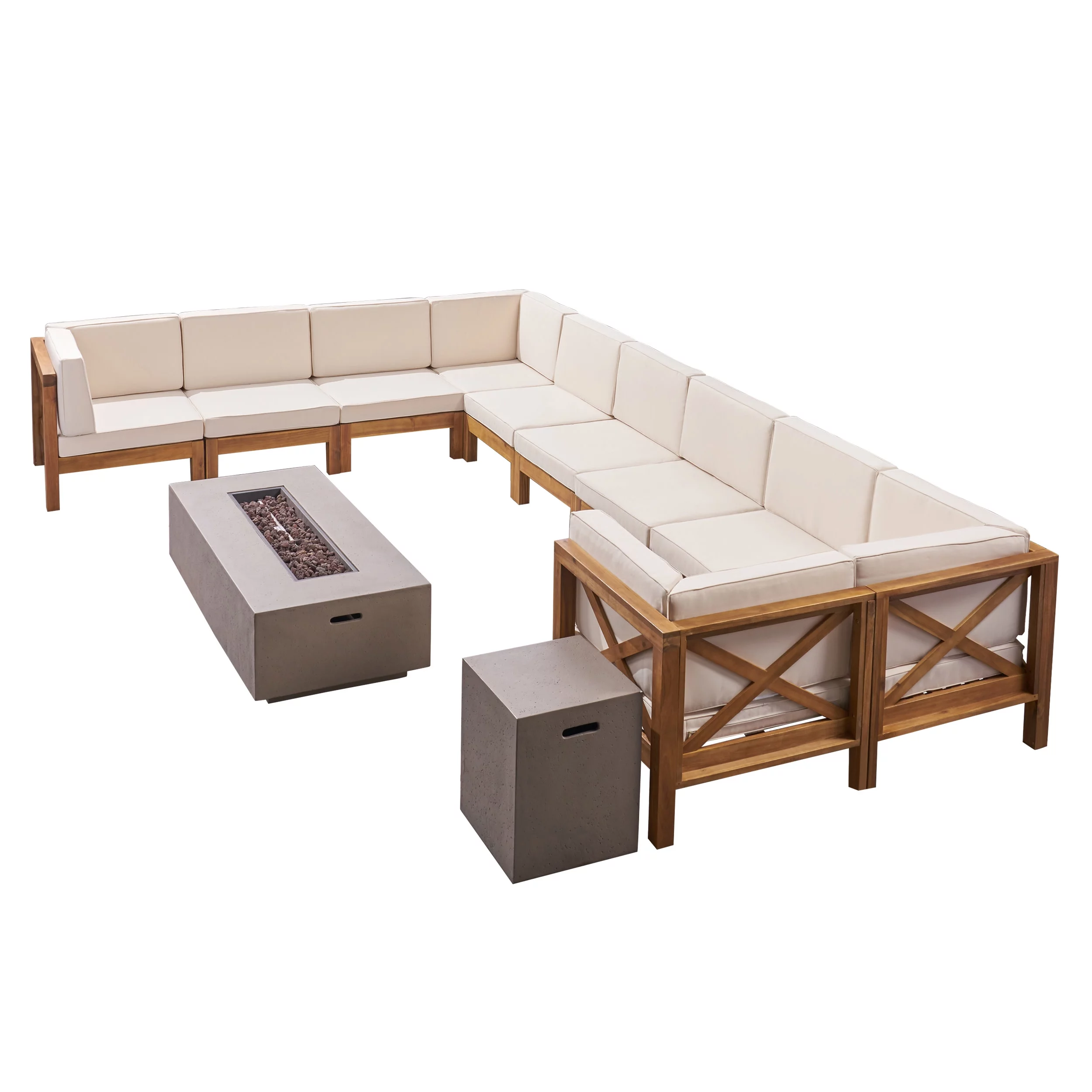 GDF Studio Keith Outdoor Acacia Wood 10 Seater Sectional Sofa Set with Fire Pit, Teak, Beige, and Light Gray
