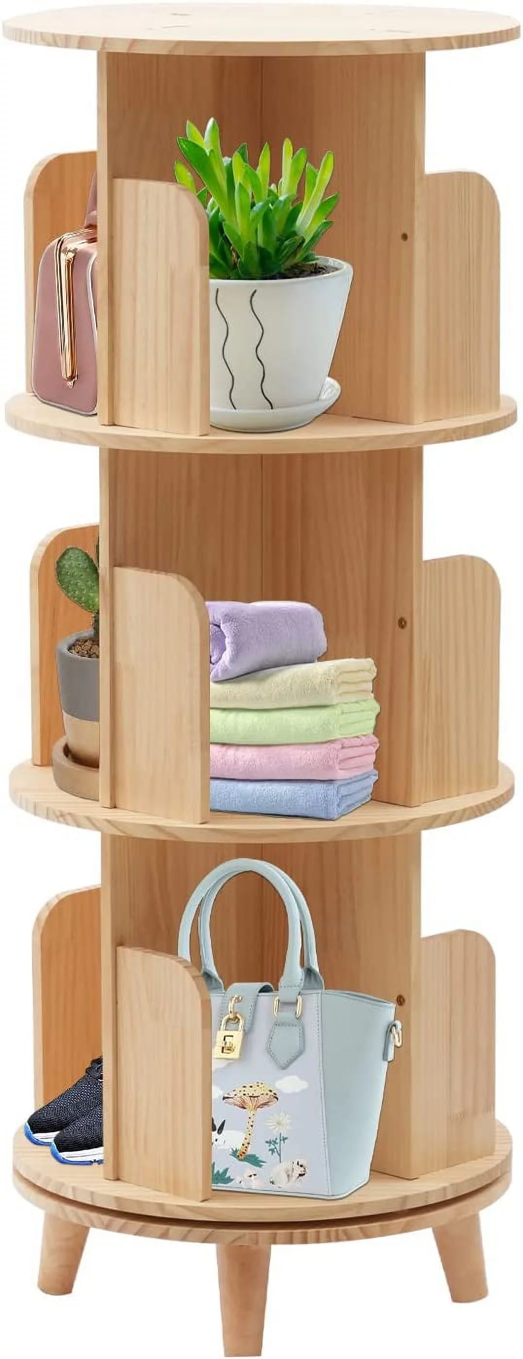 Wood Rotating Bookshelf, 3-Tier Floor Standing Bookcase Organizer 360 Display Corner Storage Rack for Bedroom Living Room Office
