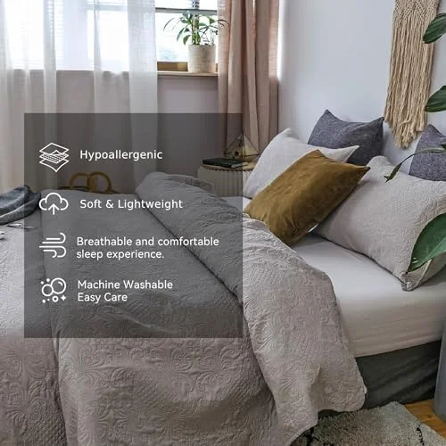 JYHOME Coverlet Quilt Set-Pre Washed-Luxury Microfiber Soft Warm Bedding-Solid Colors Bedspread-Contemporary Floral Design (Natural  Floral  Twin + 1 Sham)